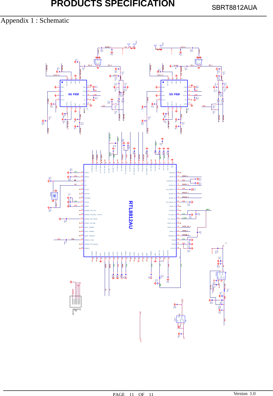            PRODUCTS SPECIFICATION  PAGE  11  OF  11 SBRT8812AUA Version 1.0Appendix 1 : Schematic    5GFEM0_P55GFEM1_P55G_0D+HSDPD-HSDM5G_1 2G_1EN_P1LXL1110nHNetDX1_5NetC69_1NetCON0_1NetCON0_2ANT2_TPNetC51_1NetC11_2NetC51_2L710nHC674p7FPAPE_5G_1PAPE_5G_0PDnRF2ON_1RREFSPS_P3RF5IP_0RF5OP_0TRSW_0RF5OP_1RF5IP_1RF2OP_1V12RFV12RFV12V12TRSWB_ 0TRSW_1TRSWB_1V12V33V12V33V33C2515pFC270u1F C370u1FC510u1FC784p7FXTALP30RR9C2615pFV33C610u1FC280u1FC7210uFC700u1FNetC51_2XOC460u1FC150u1FC380u1FC430u1FC540u1FC550u1FRF2OP_0RF2ON_0R1622KR15100K100KR7R1150KL14u7HQ1G5728SW 3EN 1GND 2FB5VIN4C88100pFV33C850u1FC110uFC421uFC1010pFC8410pFRF2ON_1RF2OP_1V33C7110uFC160u1FC241uFV33C500p3FC601uFC591uFC521uFC180p3FC64p7FC310pFCNPC351p2FC641p2F10KR6CNPTRN_0TRP_ 0V33V12V33V33C9NP C1710uFC631uFV33V33C574p7F5G FEMIC3GND3GND 7GND14PA_EN 6GND1VCC1 10VDD 11GND 17VCC24RX2CRX15TX 8ANT13GND 12NC 9VDET 5LNA_EN16C931uF L81n2HC90NP100KR42CNPCNPV33RF2OP_0RF2ON_05G FEMIC2GND3GND 7GND14PA_EN 6GND1VCC1 10VDD 11GND 17VCC24RX2CRX15TX 8ANT13GND 12NC 9VDET 5LNA_EN16L21n2HC690u1FC680u1FV33C131uF C121uFCNP CNPC344.7pFC810pF100KR1C981uFCNPC23NPV332G_0TX5 G _1XIXIXIXIXIXIXIXIXIXIXIXIXIXIXIXI5VFB_P5NetDX0_55VV12V33V33 V33RF5IP_1V33RF5IP_05GFEM0_P13V12VD12V12RFVD12RF_0V12RF5OP_1V33PAPE_5G_1V33V335GFEM1_P16TR S WB_ 1TR S WB_ 0TR S WB_ 1RX5G_0TR S WB_ 05GFEM0_P16PAPE_5G_0V33RF5OP_0V12V33C621uFV12V12LRTL8812AUIC1RF2IN_S1 67RF2IP_S05RF2IN_S04V12_BB_S014RF5IP_S012VD33PA5G_S011V12_AFE_S015V12_S03RF5IN_S013V33_SYS1RF2ON_S07PAPE_2G_S016GND77RF2OP_S08V33_PAD2G_S06RF5OP_S010V33_PAD5G_S09TRSWB_S019GPIO[1]38TRSW_S018VD12A20LED2 / GPIO[8]33XI22XO23CK_BT24ANTSW25VD33A21GPIO[7] / B T_PRI32ANTSWB26VD12D27VD33D28GPIO[4] / WL_ACT29GPIO[5] / B T_RFQ /  BT_EN30GPIO[6] / B T_STATE31PAPE_5G_S017LED1 / GPIO[9]34LED0 / GPIO[10]35GPIO[11] / PDn36GPIO[0] / BT_Suspend37GPIO[2] 39GPIO[3] 40VDSPS33 57FB_SPS 58GND 54LX_SPS0 56LX_SPS0 55VD33D 59VD12D 60TRSW_S1 62TRSWB_S1 61PAPE_5G_S1 63PAPE_2G_S1 64V12_AFE_S1 65V12_BB_S1 66RF5IN_S1 76RF5IP_S1 75VD33PA5G_S1 74RF5OP_S1 73V12_SYS2V33_PAD5G_S1 72RF2ON_S1 70RF2OP_S1 71V33_PAD2G_S1 69RF2IP_S1 68GND 41HSDP 42HSDM 43VD12S 44VD33S 45RREF 46VDDTX 47GND 50HSIN 51HSON 48HSOP 49VDDRX 53HSIP 52C4810uFC1310uFL104u7H24KR11L910nHC664p7FL52n7HC335p6FC395p6FC211p2FL610nHL32n7HX140MHzXTALP122XTALP 344U28025-A1P15P3 1P2 3G2G4G6U18025-A1P15P3 1P2 3G2G4G6C441nFC290u1FC450u1FC480.1uFC230p75FL42n7HC141p0FC400u1FC820p75F C800p75FC410pFL142n7H5VD-5VGNDD+Po w e r ENNCPowerENPowerEND+D_5VV12V12LX5586LX5586Q2G9091VIN 1GND 2EN 3VOUT5NC40RR12VD125GFEM1_P13RX5G_1TX5 G _0TRP_ 10RR14V12C741p2F L22n7HC751p2FL132n7HNetC11_2V12 V12RF0RR4C110uFVD12V33C8610uFANT11234V12LANT21234CNPC81NPNetCON1_1C221p2FANT1_TPGND100KR10            