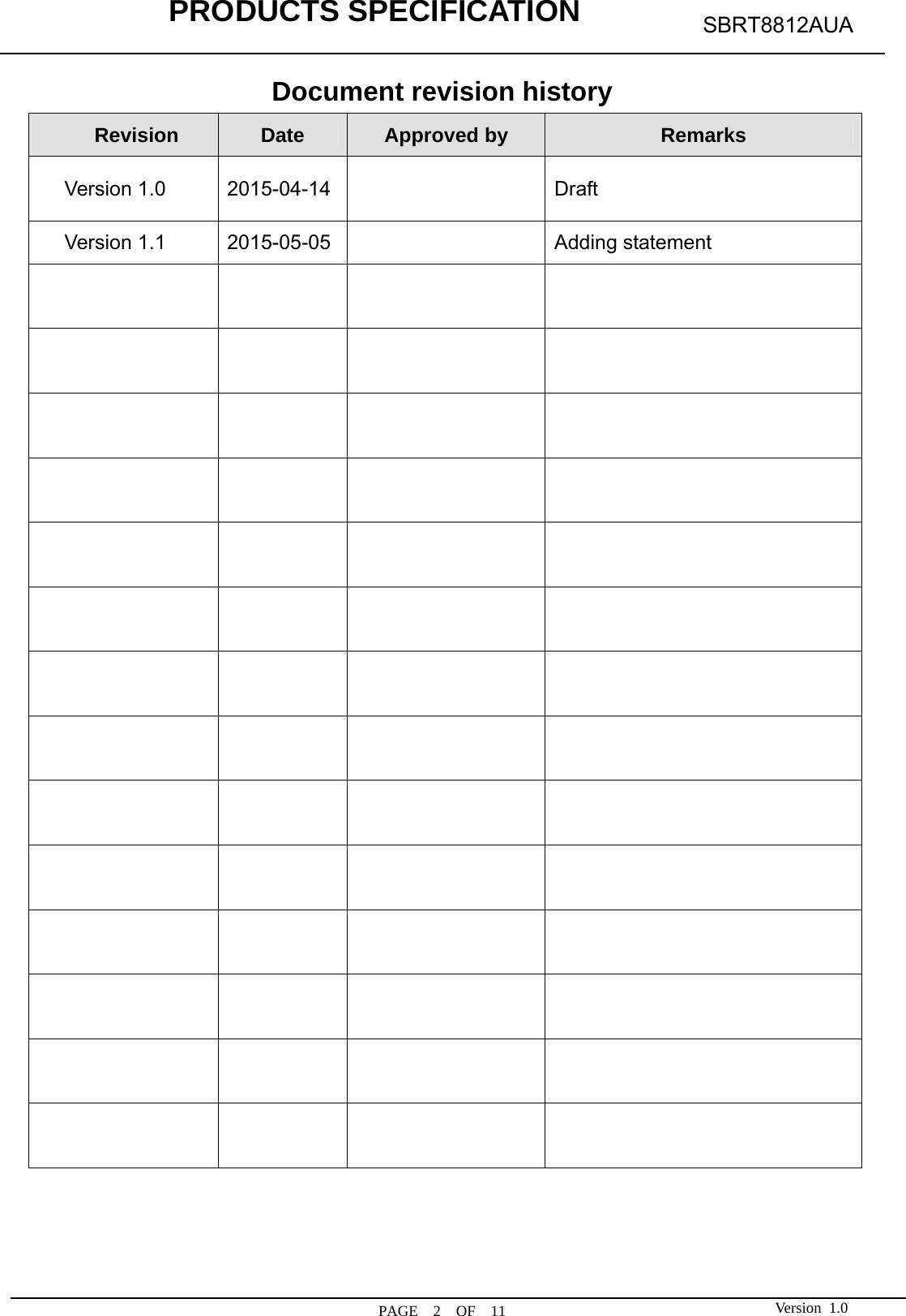            PRODUCTS SPECIFICATION  PAGE  2  OF  11 SBRT8812AUA Version 1.0Document revision history Revision  Date  Approved by  Remarks Version 1.0  2015-04-14    Draft Version 1.1  2015-05-05    Adding statement                                                                                                