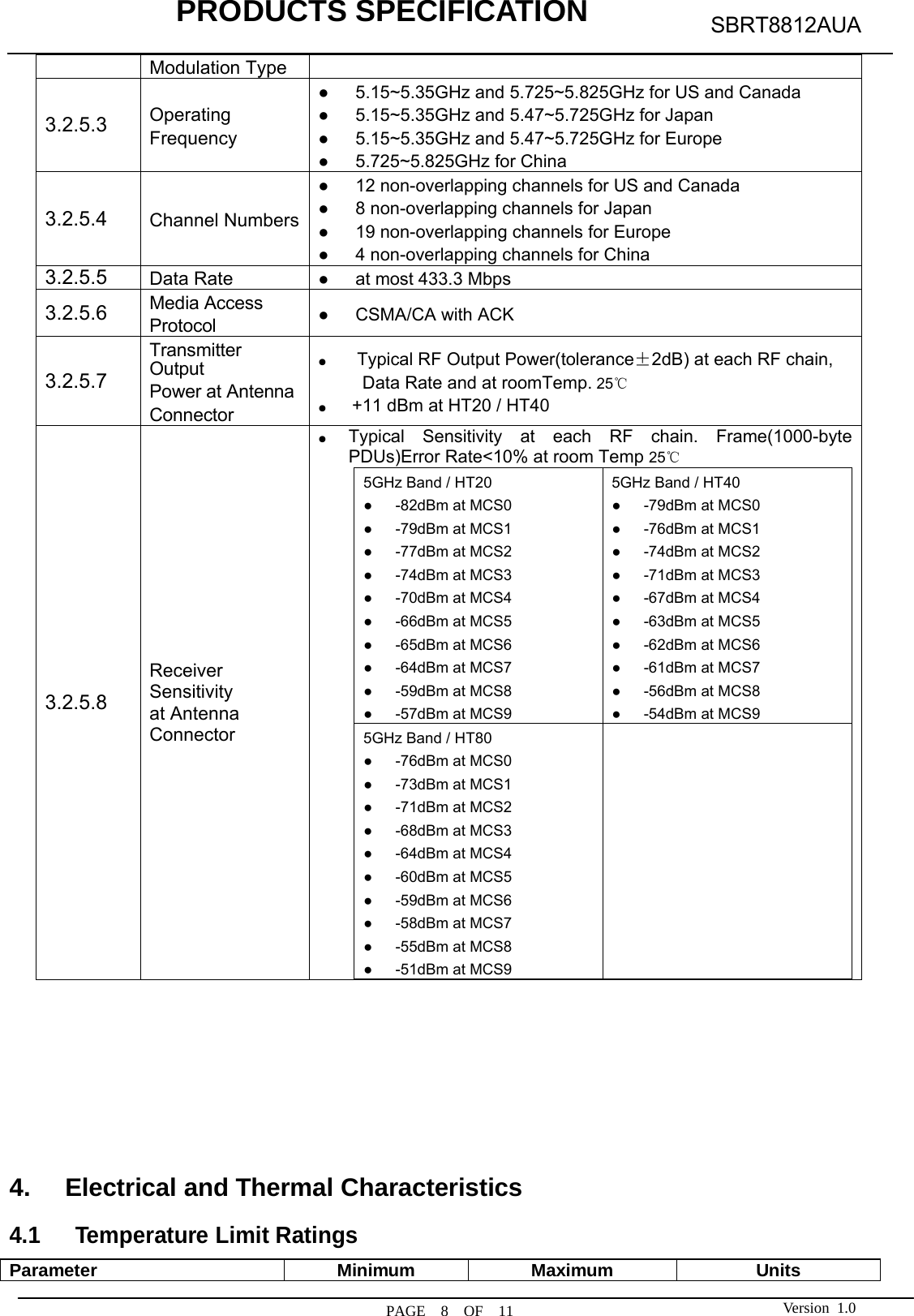            PRODUCTS SPECIFICATION  PAGE  8  OF  11 SBRT8812AUA Version 1.0Modulation Type 3.2.5.3 Operating Frequency ●   5.15~5.35GHz and 5.725~5.825GHz for US and Canada ●   5.15~5.35GHz and 5.47~5.725GHz for Japan ●      5.15~5.35GHz and 5.47~5.725GHz for Europe ●   5.725~5.825GHz for China3.2.5.4 Channel Numbers ●      12 non-overlapping channels for US and Canada ●      8 non-overlapping channels for Japan ●      19 non-overlapping channels for Europe ●      4 non-overlapping channels for China 3.2.5.5 Data Rate  ●   at most 433.3 Mbps  3.2.5.6 Media Access Protocol  ●   CSMA/CA with ACK 3.2.5.7 Transmitter Output Power at Antenna Connector ●       Typical RF Output Power(tolerance±2dB) at each RF chain, Data Rate and at roomTemp. 25℃ ●      +11 dBm at HT20 / HT40 3.2.5.8 Receiver Sensitivity at Antenna Connector ●  Typical Sensitivity at each RF chain. Frame(1000-byte PDUs)Error Rate&lt;10% at room Temp 25℃ 5GHz Band / HT20 ●   -82dBm at MCS0 ●   -79dBm at MCS1 ●   -77dBm at MCS2 ●   -74dBm at MCS3 ●   -70dBm at MCS4 ●   -66dBm at MCS5 ●   -65dBm at MCS6 ●   -64dBm at MCS7 ●   -59dBm at MCS8 ●   -57dBm at MCS9 5GHz Band / HT40 ●   -79dBm at MCS0 ●   -76dBm at MCS1 ●   -74dBm at MCS2 ●   -71dBm at MCS3 ●   -67dBm at MCS4 ●   -63dBm at MCS5 ●   -62dBm at MCS6 ●   -61dBm at MCS7 ●   -56dBm at MCS8 ●   -54dBm at MCS9 5GHz Band / HT80 ●   -76dBm at MCS0 ●   -73dBm at MCS1 ●   -71dBm at MCS2 ●   -68dBm at MCS3 ●   -64dBm at MCS4 ●   -60dBm at MCS5 ●   -59dBm at MCS6 ●   -58dBm at MCS7 ●   -55dBm at MCS8 ●   -51dBm at MCS9          4.  Electrical and Thermal Characteristics  4.1 Temperature Limit Ratings  Parameter Minimum Maximum Units 