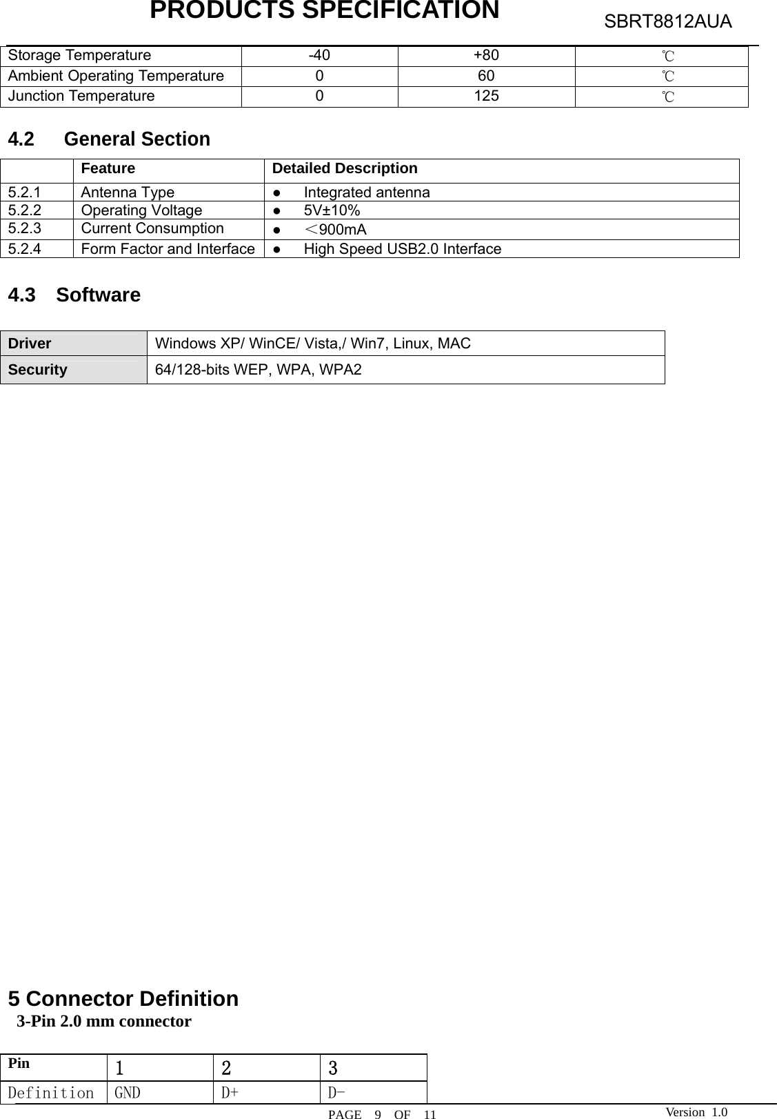            PRODUCTS SPECIFICATION  PAGE  9  OF  11 SBRT8812AUA Version 1.0Storage Temperature -40 +80 　℃ Ambient Operating Temperature 0 60 　℃ Junction Temperature 0 125 　℃  4.2 General Section   Feature Detailed Description 5.2.1 Antenna Type  ●   Integrated antenna 5.2.2 Operating Voltage  ●   5V±10% 5.2.3 Current Consumption  ●   ＜900mA  5.2.4 Form Factor and Interface  ●      High Speed USB2.0 Interface  4.3  Software  Driver  Windows XP/ WinCE/ Vista,/ Win7, Linux, MAC Security   64/128-bits WEP, WPA, WPA2                           5 Connector Definition   3-Pin 2.0 mm connector  Pin 1  2  3 Definition GND  D+  D- 