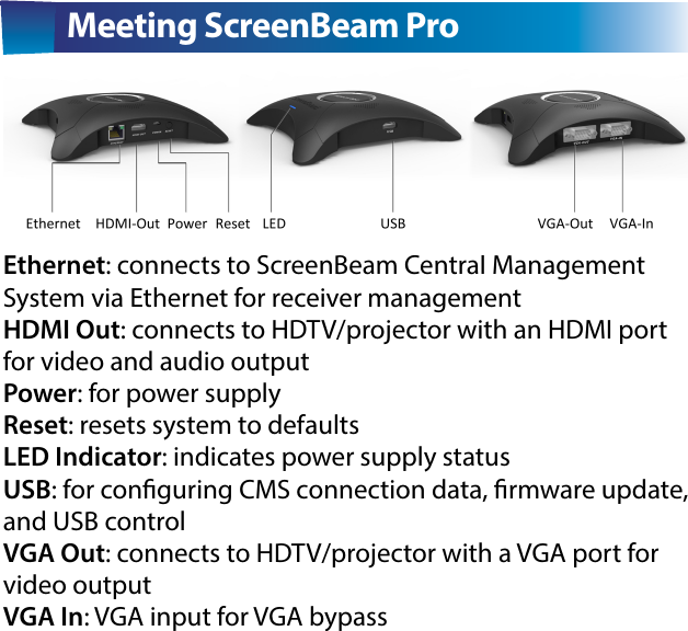   Meeting ScreenBeam ProEthernet: connects to ScreenBeam Central Management System via Ethernet for receiver management HDMI Out: connects to HDTV/projector with an HDMI port for video and audio outputPower: for power supplyReset: resets system to defaultsLED Indicator: indicates power supply statusUSB: for conguring CMS connection data, rmware update, and USB controlVGA Out: connects to HDTV/projector with a VGA port for video outputVGA In: VGA input for VGA bypass