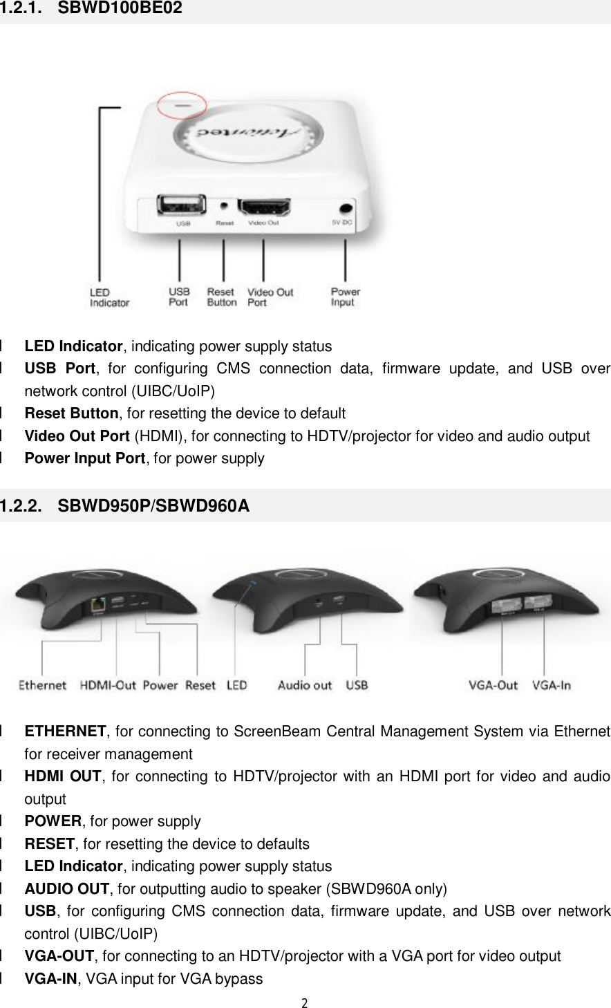  2  1.2.1.  SBWD100BE02  l LED Indicator, indicating power supply status l USB Port, for configuring CMS connection data, firmware update, and USB over network control (UIBC/UoIP) l Reset Button, for resetting the device to default l Video Out Port (HDMI), for connecting to HDTV/projector for video and audio output l Power Input Port, for power supply 1.2.2.  SBWD950P/SBWD960A  l ETHERNET, for connecting to ScreenBeam Central Management System via Ethernet for receiver management l HDMI OUT, for connecting to HDTV/projector with an HDMI port for video and audio output l POWER, for power supply l RESET, for resetting the device to defaults l LED Indicator, indicating power supply status l AUDIO OUT, for outputting audio to speaker (SBWD960A only) l USB, for configuring CMS connection data, firmware update, and USB over network control (UIBC/UoIP) l VGA-OUT, for connecting to an HDTV/projector with a VGA port for video output l VGA-IN, VGA input for VGA bypass 