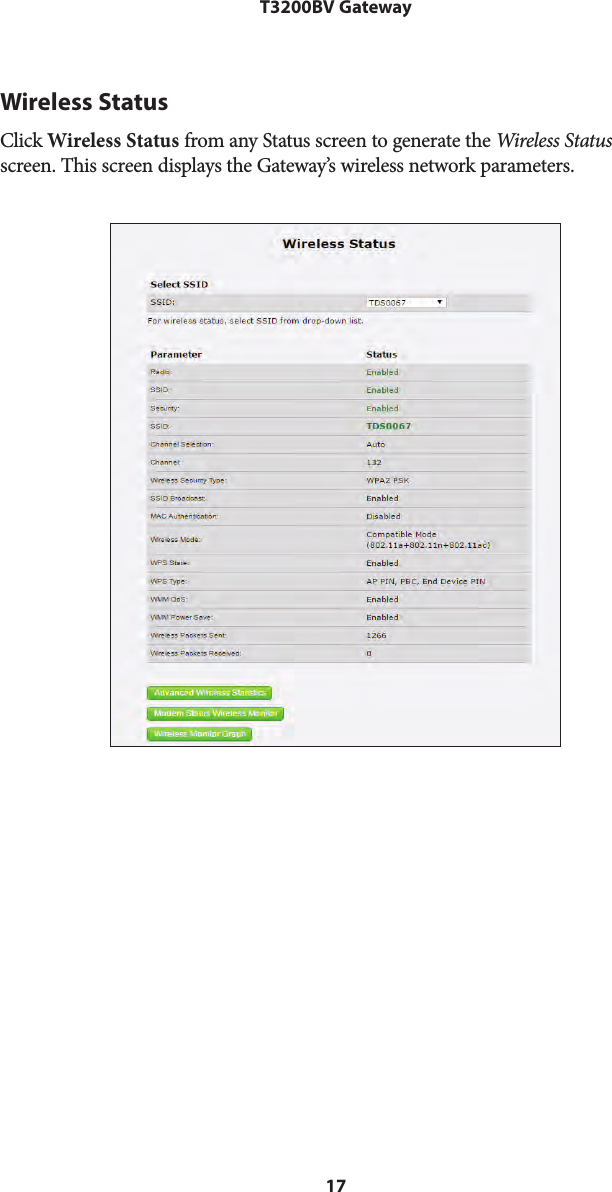 17T3200BV GatewayWireless StatusClick Wireless Status from any Status screen to generate the Wireless Status screen. This screen displays the Gateway’s wireless network parameters.