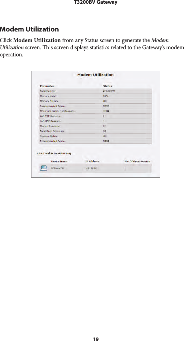 19T3200BV GatewayModem UtilizationClick Modem Utilization from any Status screen to generate the Modem Utilization screen. This screen displays statistics related to the Gateway’s modem operation.