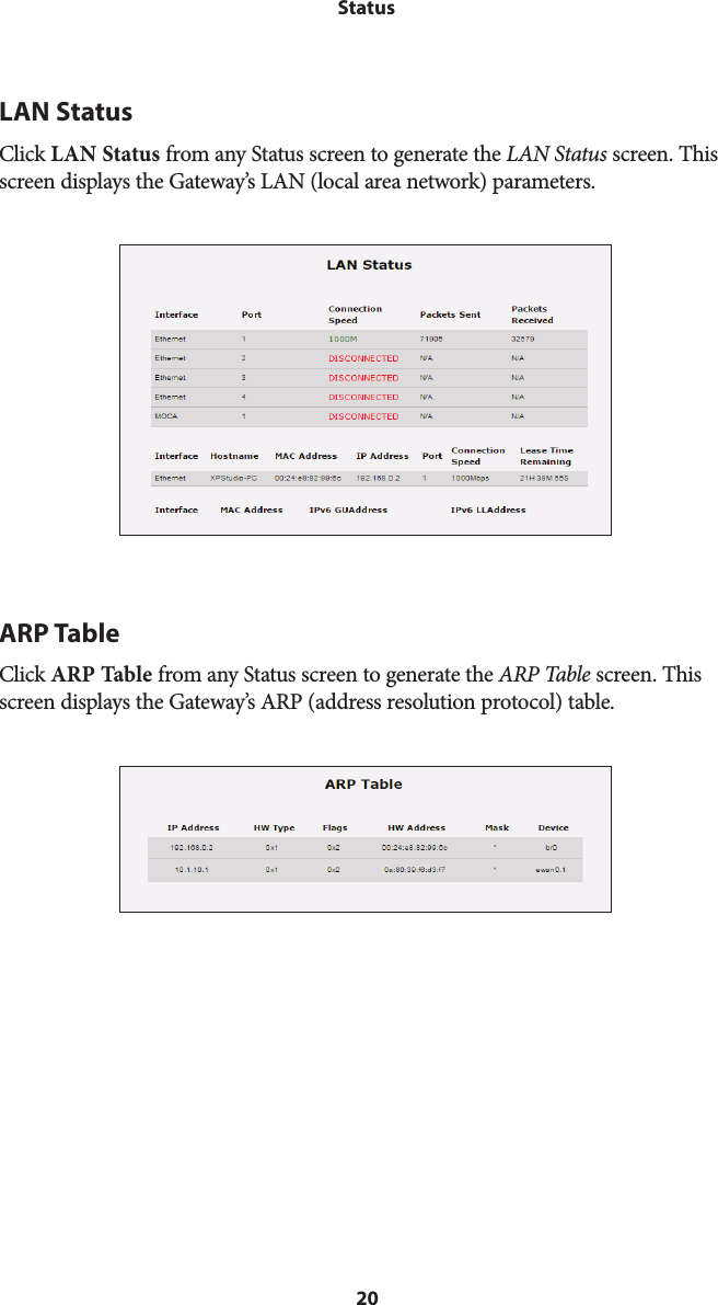 20StatusLAN StatusClick LAN Status from any Status screen to generate the LAN Status screen. This screen displays the Gateway’s LAN (local area network) parameters.ARP TableClick ARP Table from any Status screen to generate the ARP Table screen. This screen displays the Gateway’s ARP (address resolution protocol) table.