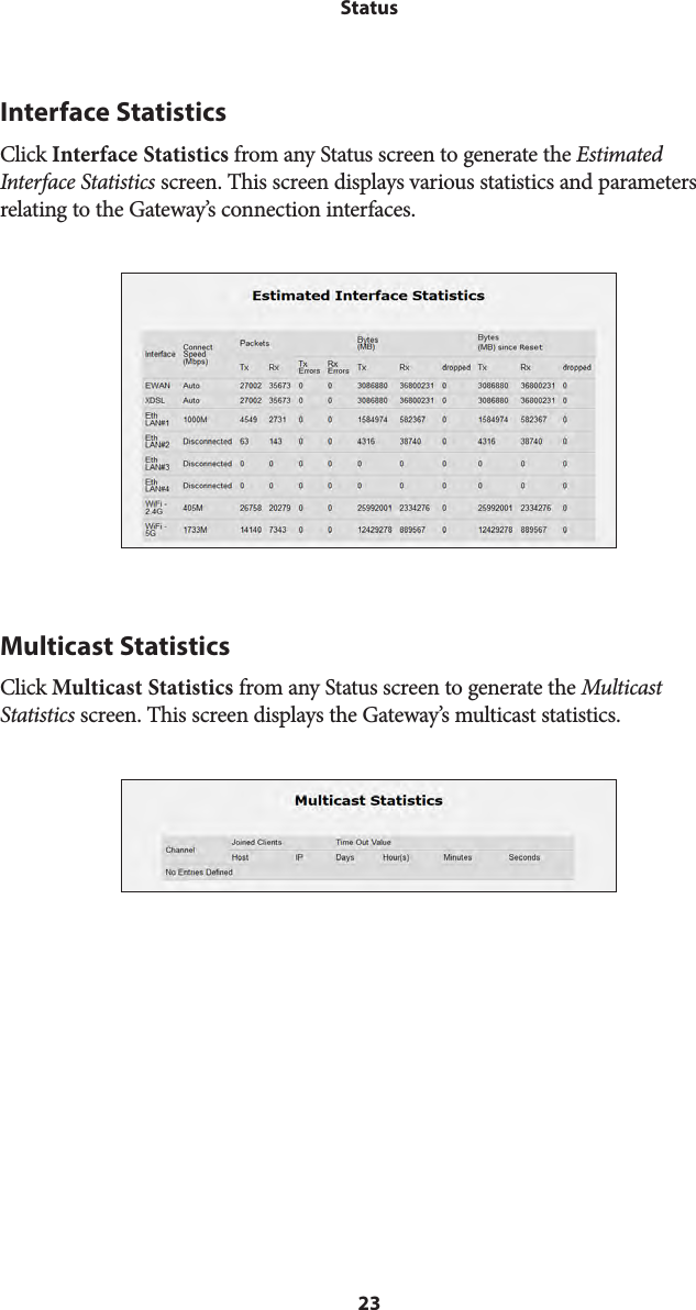 23StatusInterface StatisticsClick Interface Statistics from any Status screen to generate the Estimated Interface Statistics screen. This screen displays various statistics and parameters relating to the Gateway’s connection interfaces.Multicast StatisticsClick Multicast Statistics from any Status screen to generate the Multicast Statistics screen. This screen displays the Gateway’s multicast statistics.