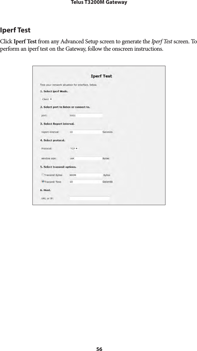 56Telus T3200M GatewayIperf TestClick Iperf Test from any Advanced Setup screen to generate the Iperf Test screen. To perform an iperf test on the Gateway, follow the onscreen instructions.