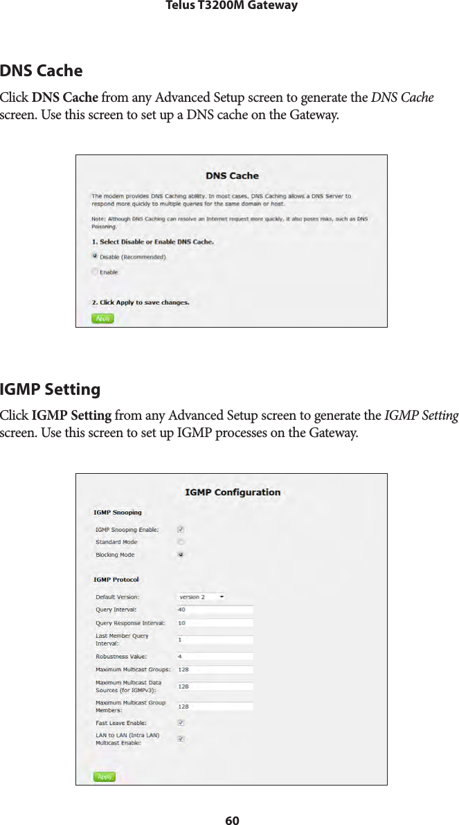 60Telus T3200M GatewayDNS CacheClick DNS Cache from any Advanced Setup screen to generate the DNS Cache screen. Use this screen to set up a DNS cache on the Gateway.IGMP SettingClick IGMP Setting from any Advanced Setup screen to generate the IGMP Setting screen. Use this screen to set up IGMP processes on the Gateway.
