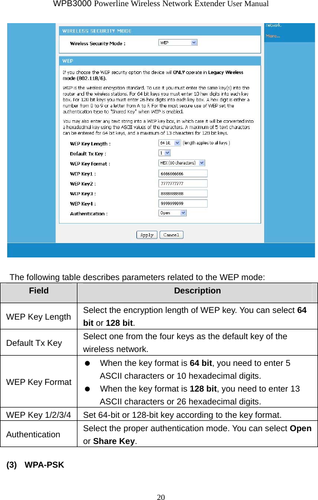 WPB3000 Powerline Wireless Network Extender User Manual 20   The following table describes parameters related to the WEP mode: Field  Description WEP Key Length  Select the encryption length of WEP key. You can select 64 bit or 128 bit. Default Tx Key  Select one from the four keys as the default key of the wireless network. WEP Key Format    When the key format is 64 bit, you need to enter 5 ASCII characters or 10 hexadecimal digits.    When the key format is 128 bit, you need to enter 13 ASCII characters or 26 hexadecimal digits. WEP Key 1/2/3/4  Set 64-bit or 128-bit key according to the key format. Authentication  Select the proper authentication mode. You can select Open or Share Key.  (3)  WPA-PSK 