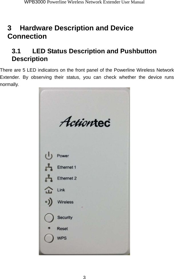 WPB3000 Powerline Wireless Network Extender User Manual 3 3   Hardware Description and Device Connection 3.1   LED Status Description and Pushbutton Description There are 5 LED indicators on the front panel of the Powerline Wireless Network Extender. By observing their status, you can check whether the device runs normally.    