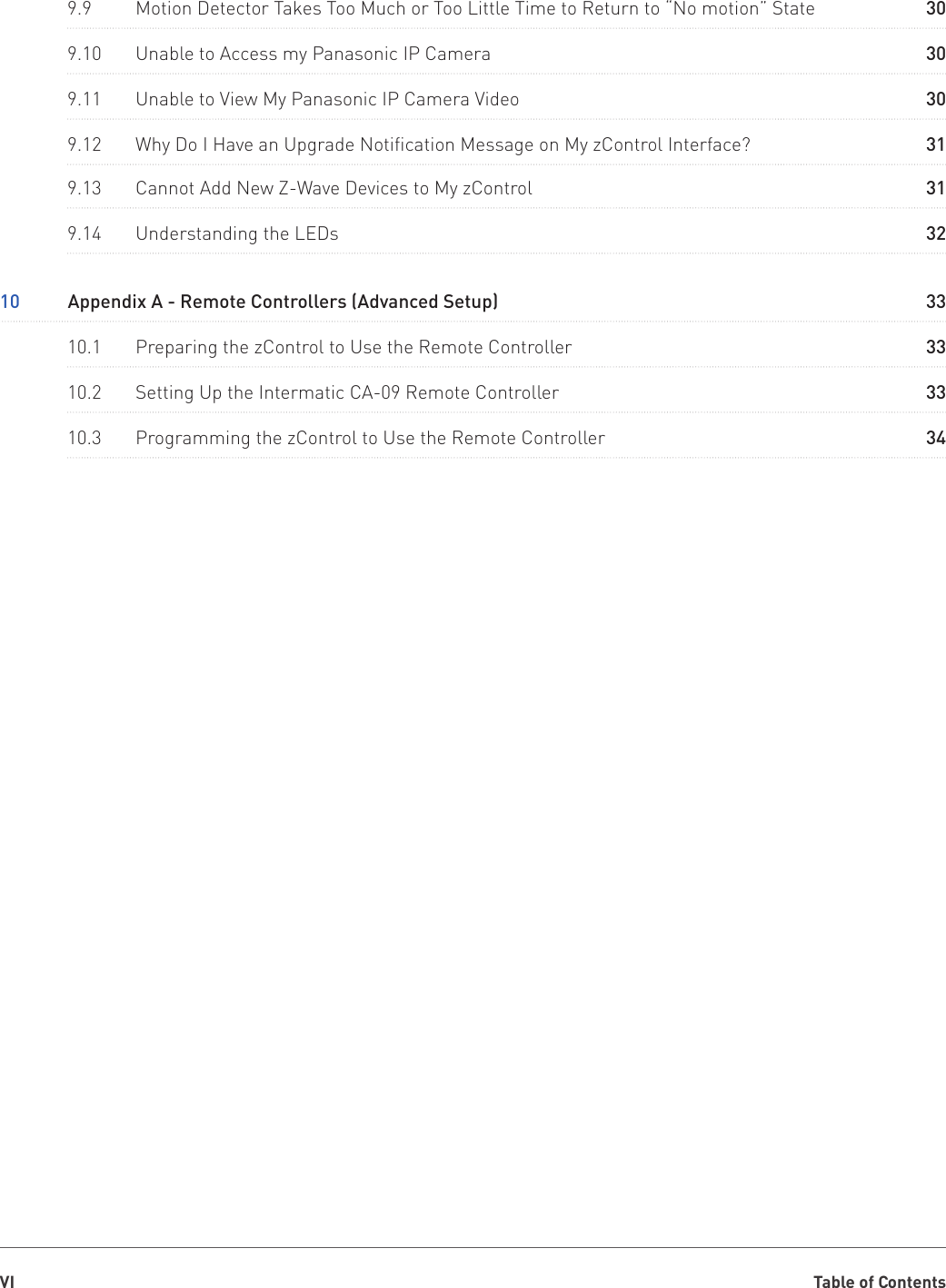 Table of ContentsVI9.9  Motion Detector Takes Too Much or Too Little Time to Return to “No motion” State10.1  Preparing the zControl to Use the Remote Controller9.10  Unable to Access my Panasonic IP Camera10.2  Setting Up the Intermatic CA-09 Remote Controller9.11  Unable to View My Panasonic IP Camera Video10.3  Programming the zControl to Use the Remote Controller9.12  Why Do I Have an Upgrade Notification Message on My zControl Interface?9.13  Cannot Add New Z-Wave Devices to My zControl9.14  Understanding the LEDs30333033303431313210  Appendix A - Remote Controllers (Advanced Setup) 33