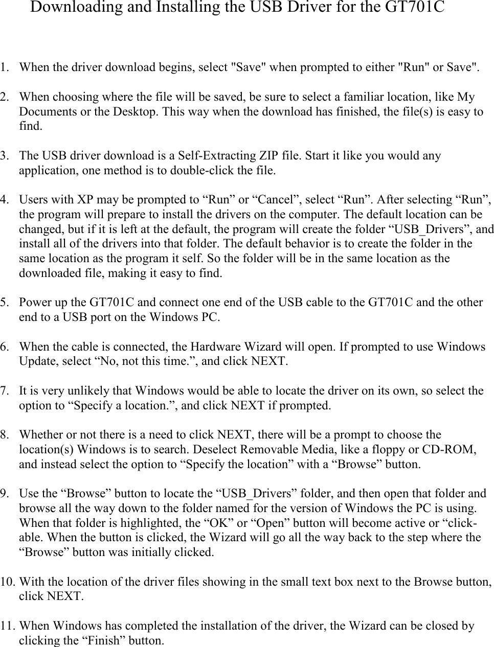 Page 1 of 1 - Actiontec Actiontec-Gt701C-Quick-Start-Guide - GT701C_USB_Driver_Installation_Instructions