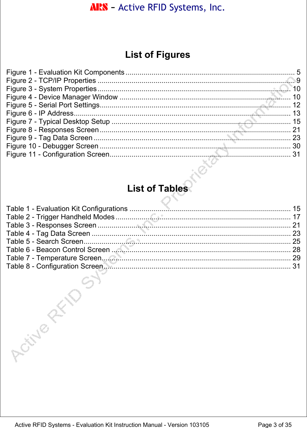 ARS - Active RFID Systems, Inc.  Active RFID Systems - Evaluation Kit Instruction Manual - Version 103105  Page 3 of 35   List of Figures  Figure 1 - Evaluation Kit Components ..................................................................................... 5 Figure 2 - TCP/IP Properties ................................................................................................... 9 Figure 3 - System Properties ................................................................................................. 10 Figure 4 - Device Manager Window ...................................................................................... 10 Figure 5 - Serial Port Settings................................................................................................ 12 Figure 6 - IP Address............................................................................................................. 13 Figure 7 - Typical Desktop Setup .......................................................................................... 15 Figure 8 - Responses Screen ................................................................................................ 21 Figure 9 - Tag Data Screen ................................................................................................... 23 Figure 10 - Debugger Screen ................................................................................................ 30 Figure 11 - Configuration Screen........................................................................................... 31    List of Tables  Table 1 - Evaluation Kit Configurations ................................................................................. 15 Table 2 - Trigger Handheld Modes ........................................................................................ 17 Table 3 - Responses Screen ................................................................................................. 21 Table 4 - Tag Data Screen .................................................................................................... 23 Table 5 - Search Screen........................................................................................................ 25 Table 6 - Beacon Control Screen .......................................................................................... 28 Table 7 - Temperature Screen............................................................................................... 29 Table 8 - Configuration Screen.............................................................................................. 31  