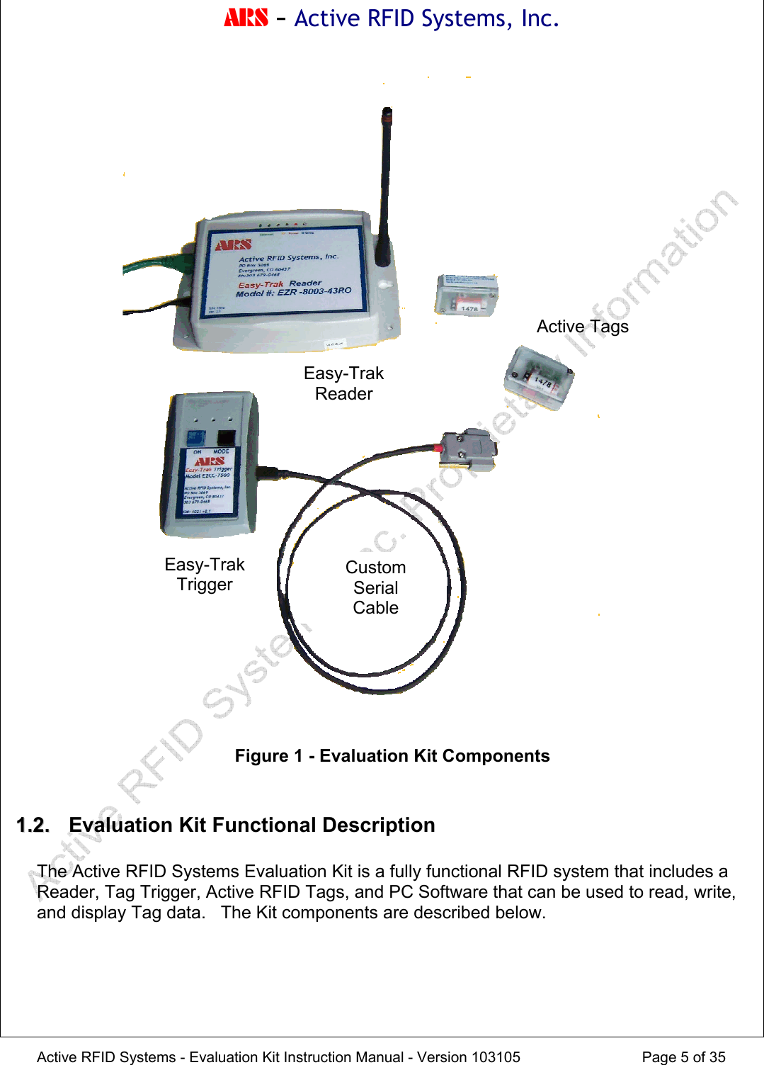 ARS - Active RFID Systems, Inc.  Active RFID Systems - Evaluation Kit Instruction Manual - Version 103105  Page 5 of 35    Figure 1 - Evaluation Kit Components  11..22..   Evaluation Kit Functional Description  The Active RFID Systems Evaluation Kit is a fully functional RFID system that includes a Reader, Tag Trigger, Active RFID Tags, and PC Software that can be used to read, write, and display Tag data.   The Kit components are described below.     Custom Serial Cable Easy-Trak Reader Active Tags Easy-Trak Trigger 