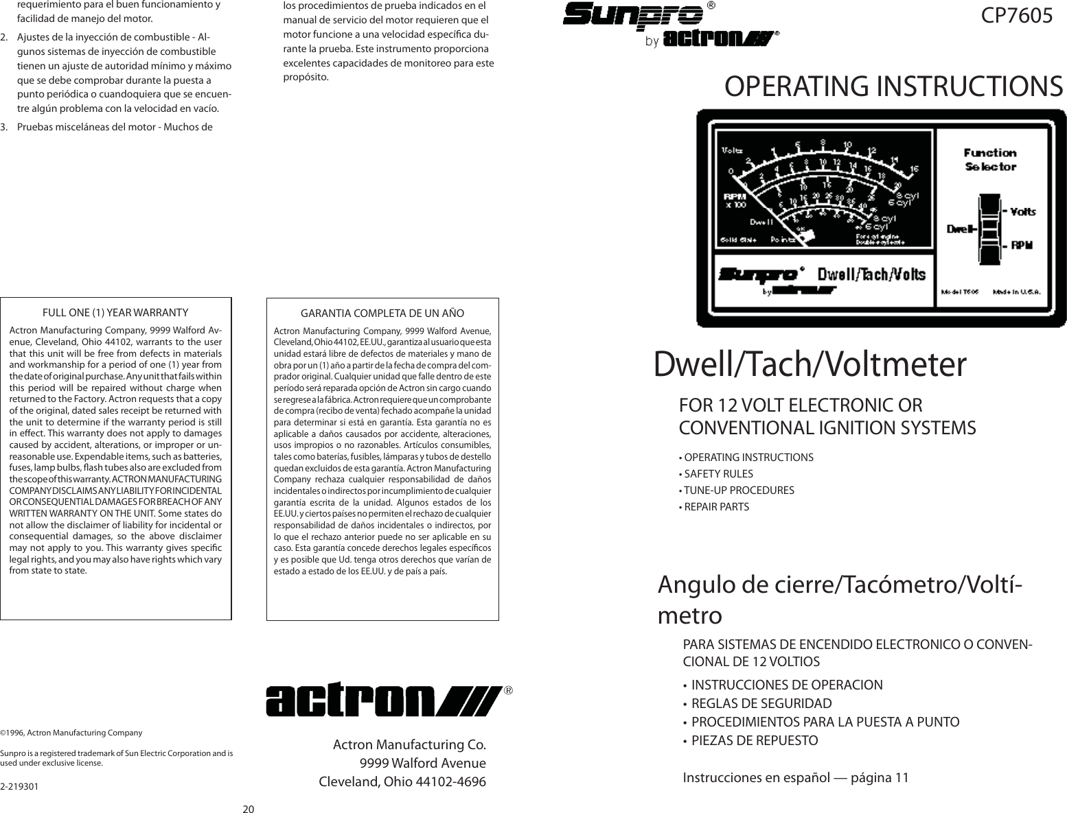 Page 1 of 10 - Actron Actron-Cp7605-Operating-Instructions- 0002-000-219301c_CP7605 Tach Dwell Voltmeter  Actron-cp7605-operating-instructions