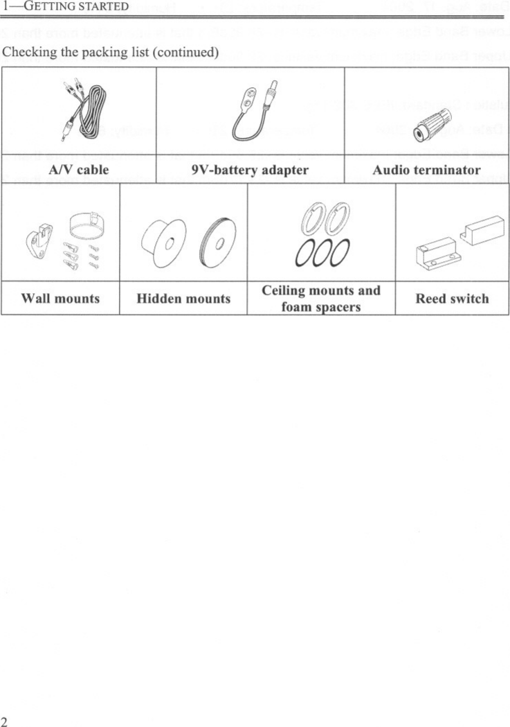 I-GETTING STARTEDChecking the packing list (continued)A/V cableWall mounts2@tJ..&lt;t ,;&quot;;,,ff)9V-battery adapterHidden mounts!f.~n)/f})~/Iil#000Ceiling mounts andfoam spacers(11.,4.&quot;.~7&quot;.~Audio terminator~I~~Reed switch