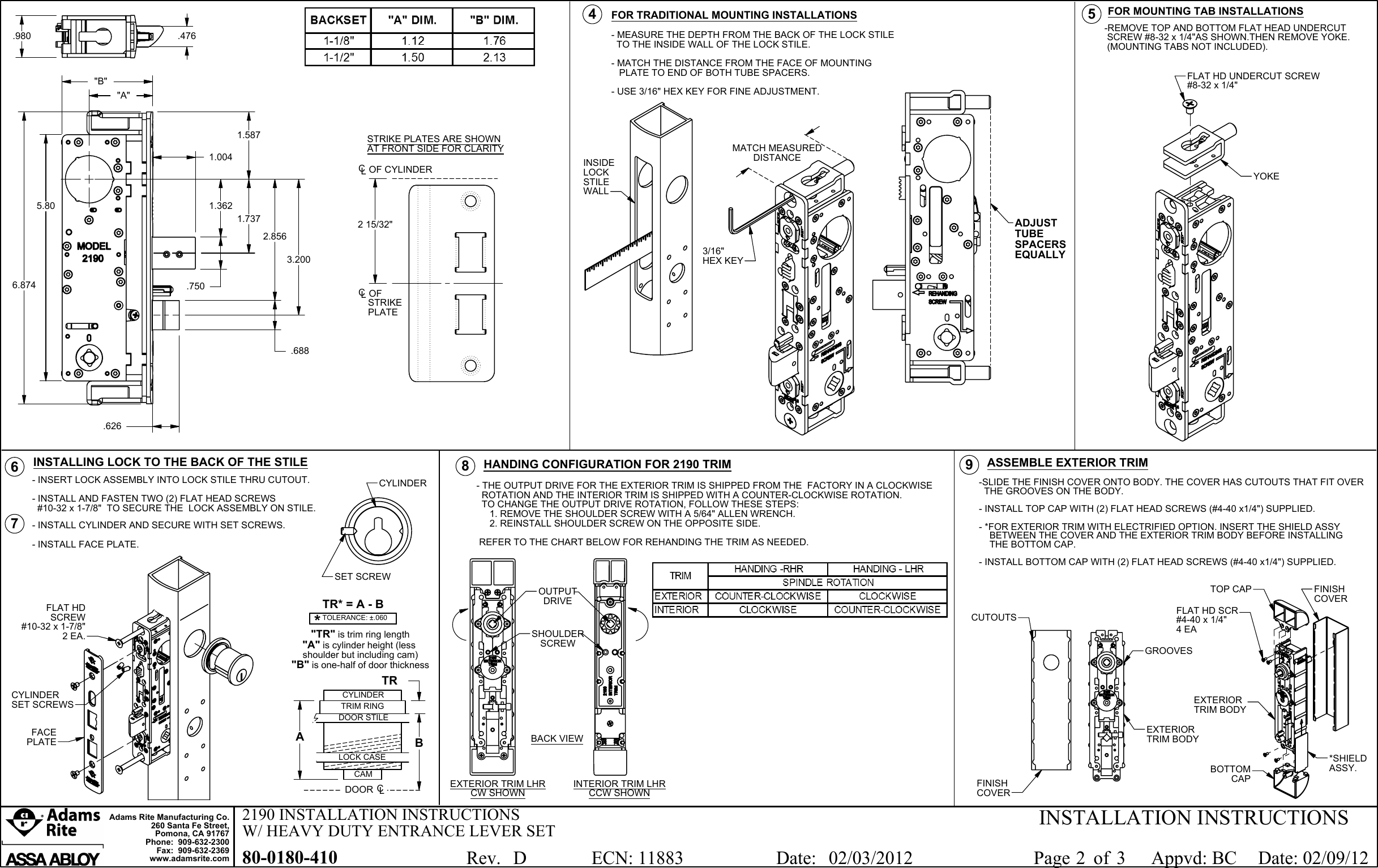 Page 2 of 3 - Adams Rite 80-0180-410_D 2190 Installation Instructions With Heavy Duty Entrance Lever Set 80-0180-410 D