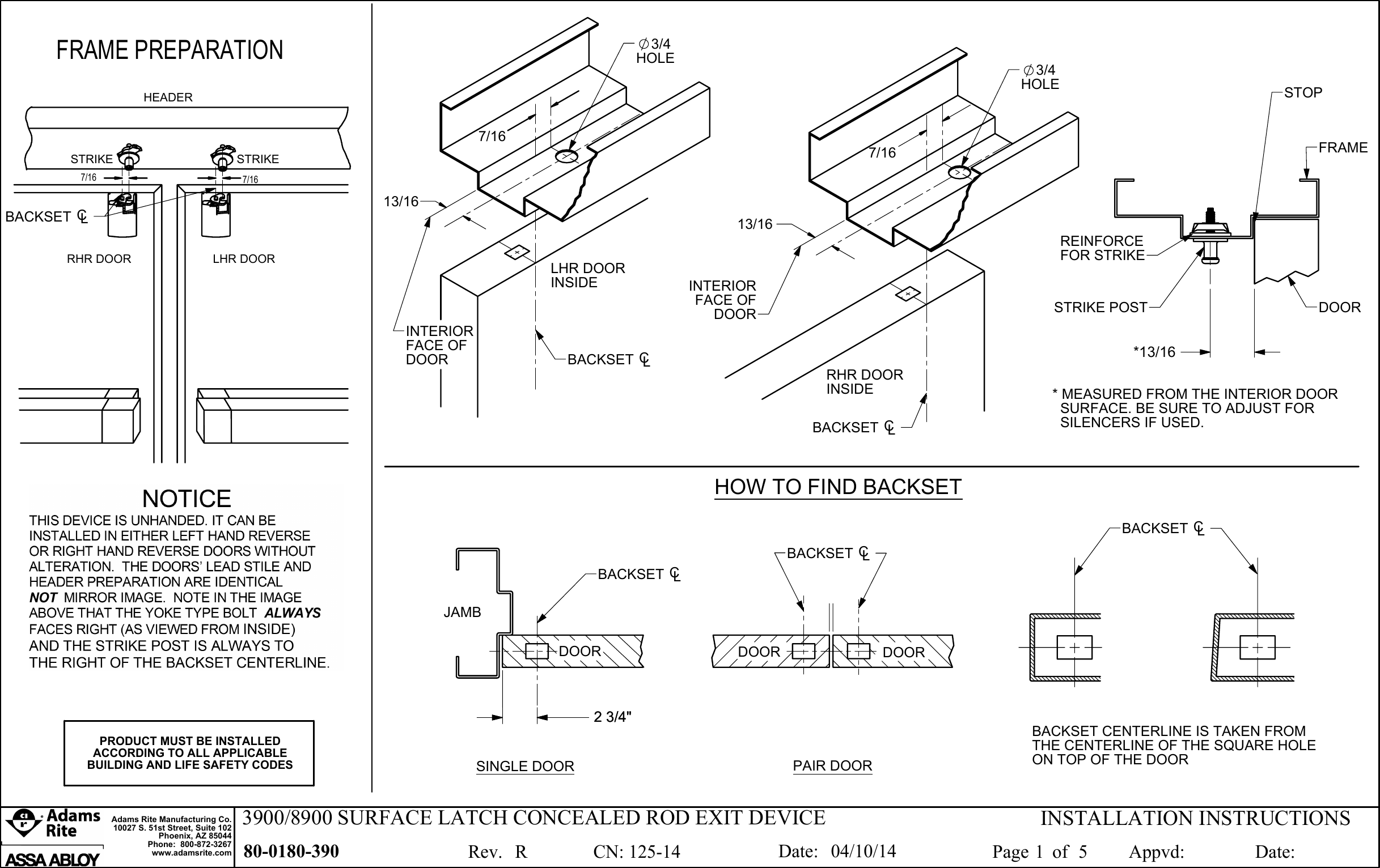 Page 1 of 5 - Adams Rite 80-0180-390_R 3900/8900 Surface Latch Concealed Rod Exit Device Installation Instructions 3900 8900 80-0180-390 R