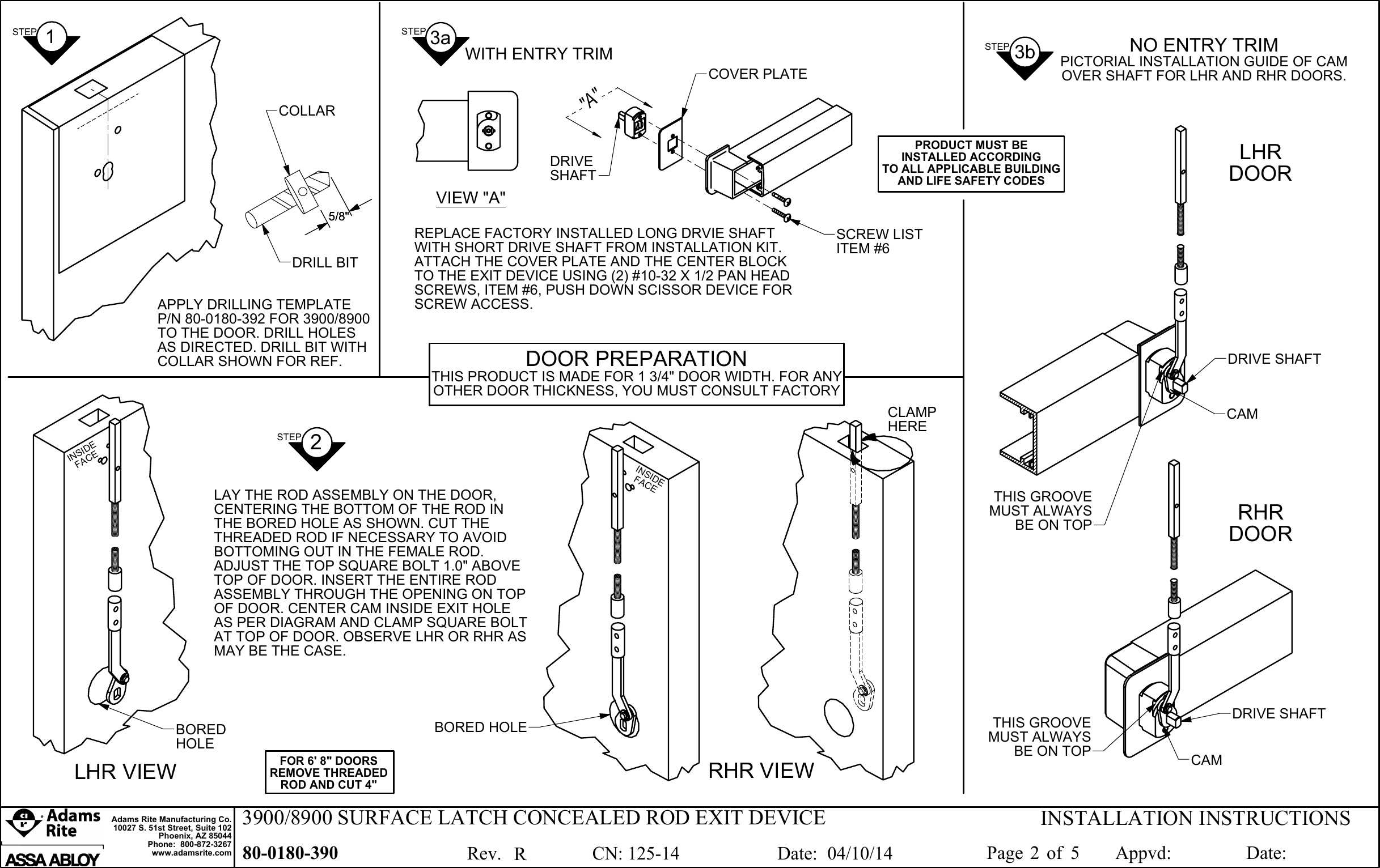 Page 2 of 5 - Adams Rite 80-0180-390_R 3900/8900 Surface Latch Concealed Rod Exit Device Installation Instructions 3900 8900 80-0180-390 R