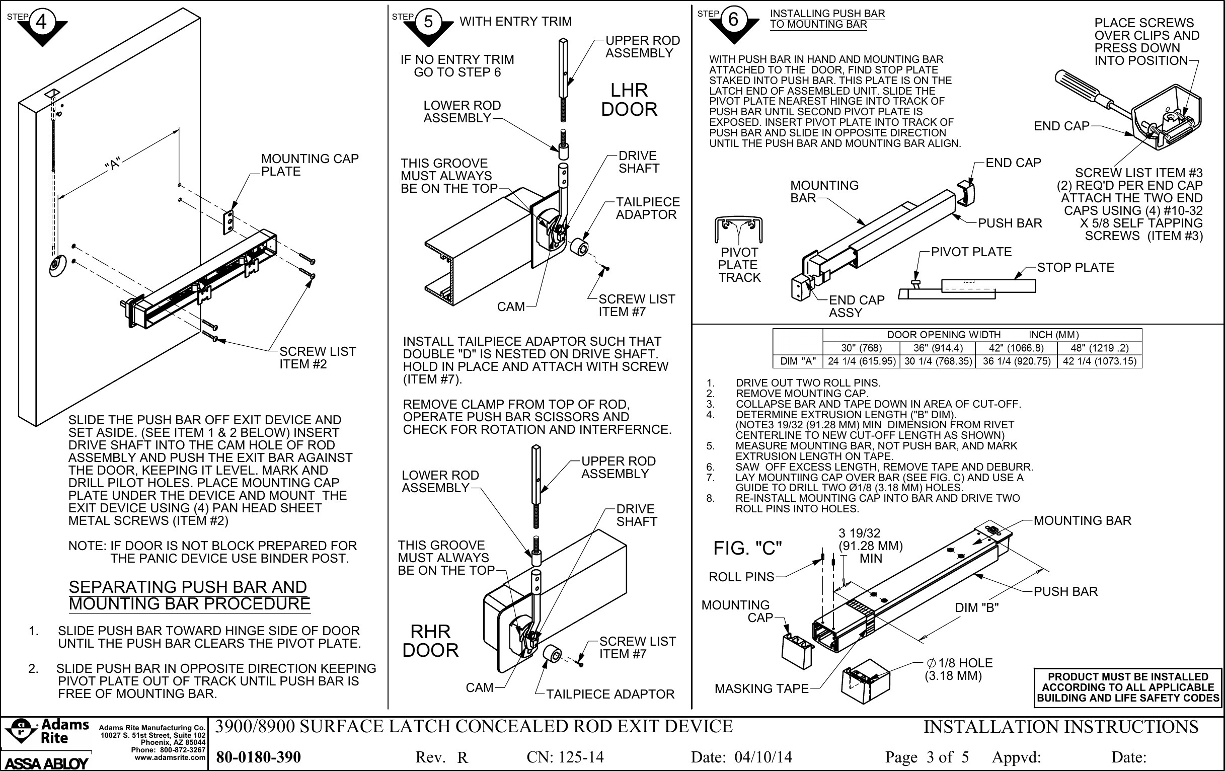 Page 3 of 5 - Adams Rite 80-0180-390_R 3900/8900 Surface Latch Concealed Rod Exit Device Installation Instructions 3900 8900 80-0180-390 R