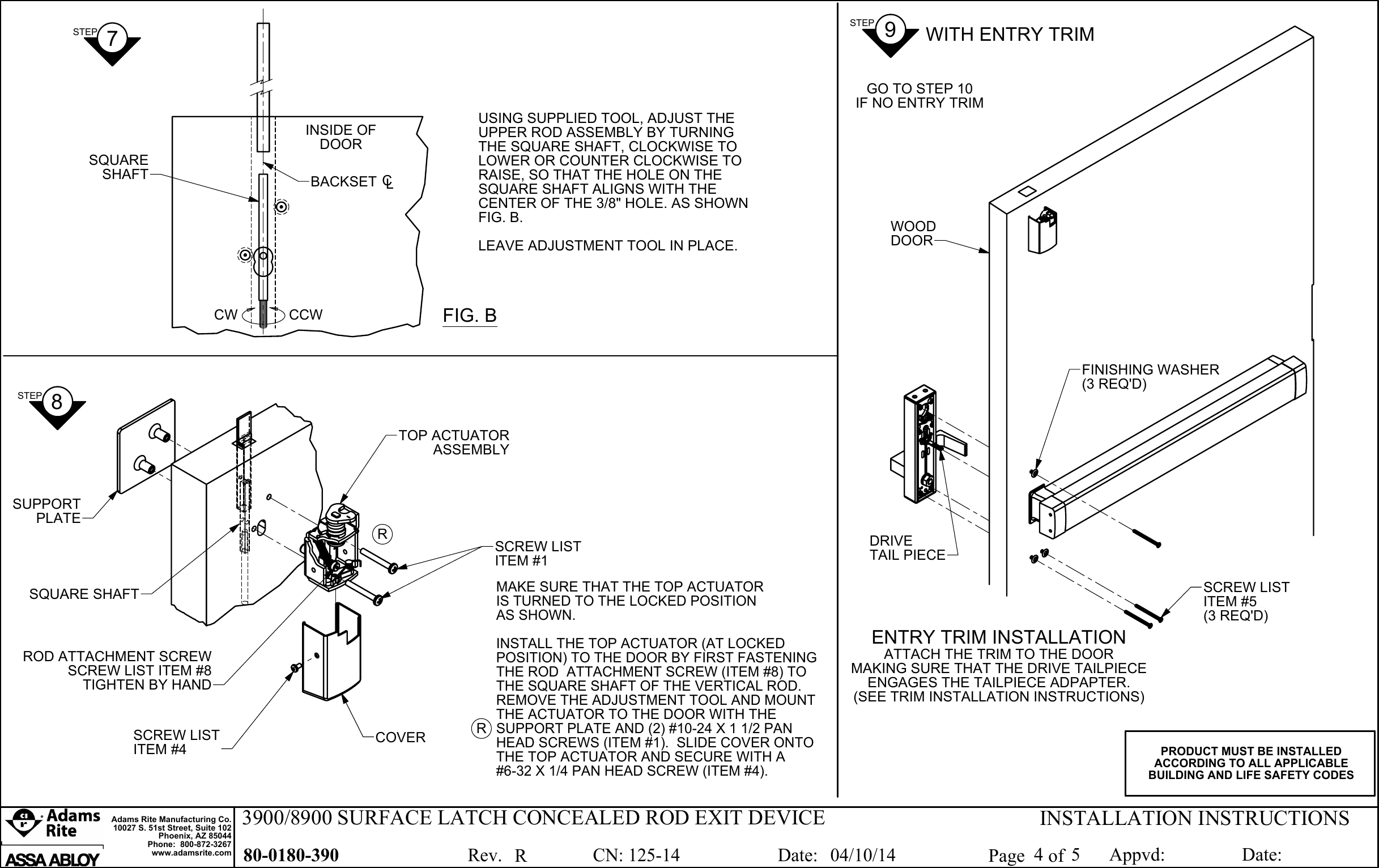 Page 4 of 5 - Adams Rite 80-0180-390_R 3900/8900 Surface Latch Concealed Rod Exit Device Installation Instructions 3900 8900 80-0180-390 R
