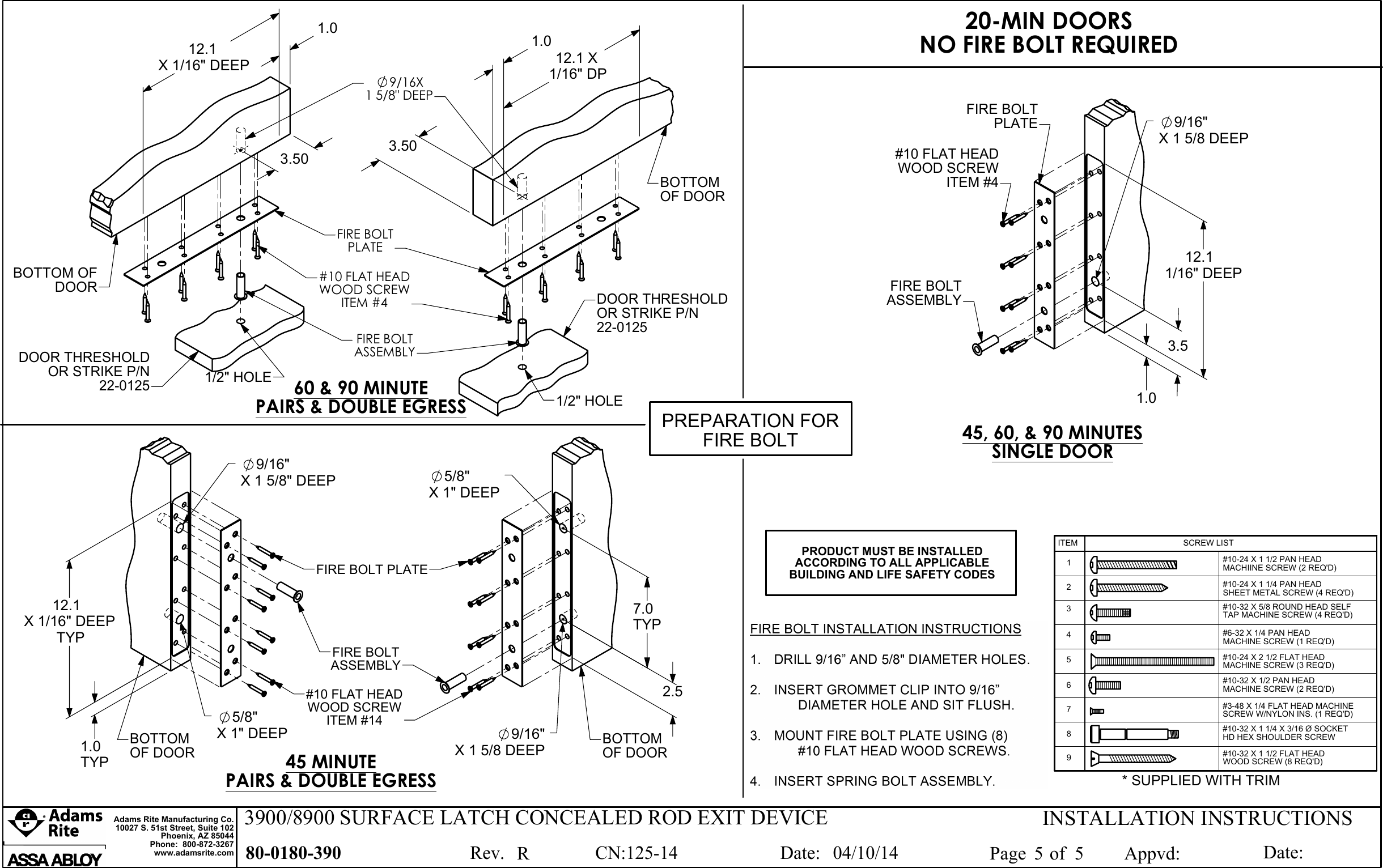 Page 5 of 5 - Adams Rite 80-0180-390_R 3900/8900 Surface Latch Concealed Rod Exit Device Installation Instructions 3900 8900 80-0180-390 R