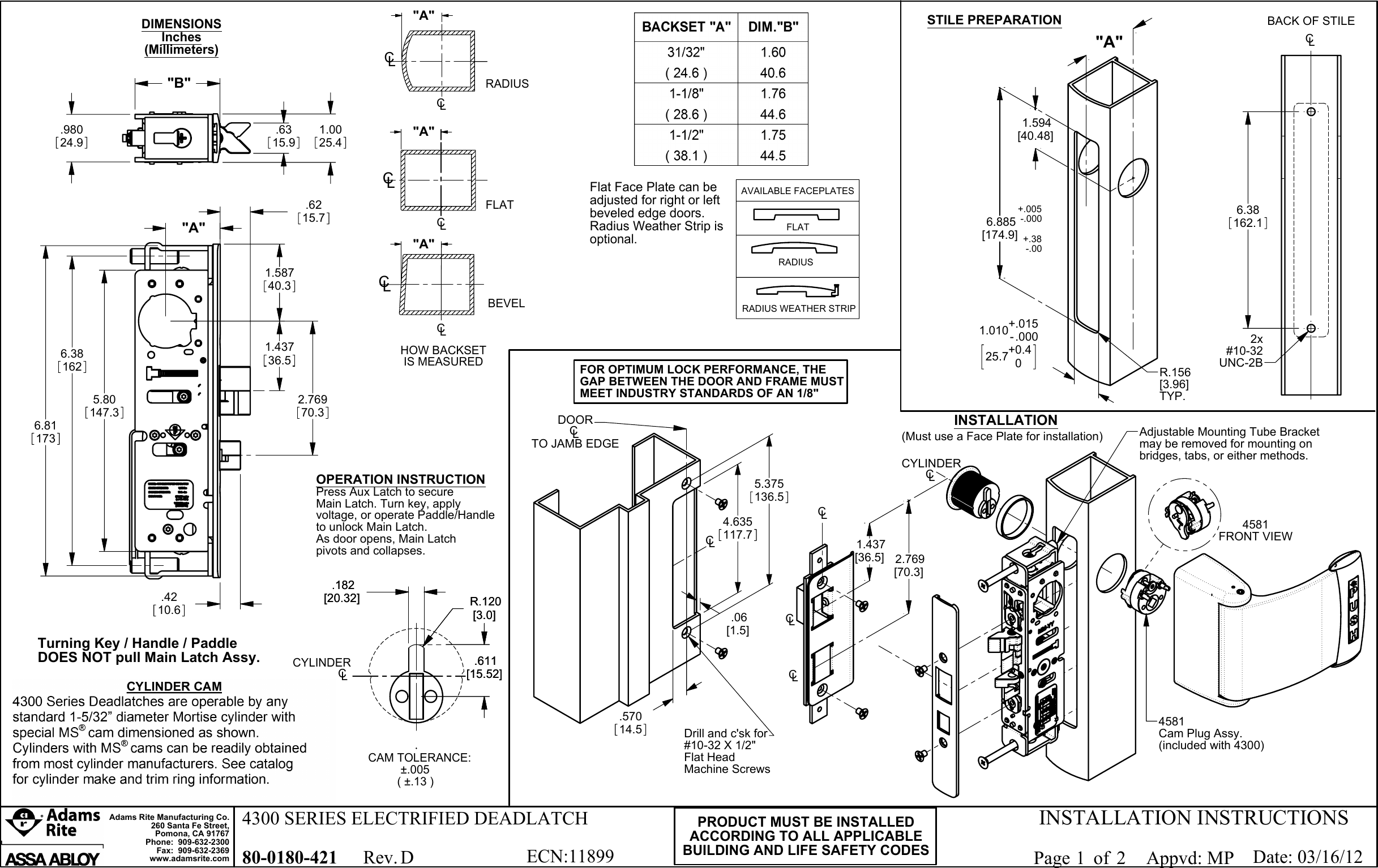 Page 1 of 2 - Adams Rite 80-0180-421_D 4300 Series Electrified Deadlatch Installation Instructions 80-0180-421 D