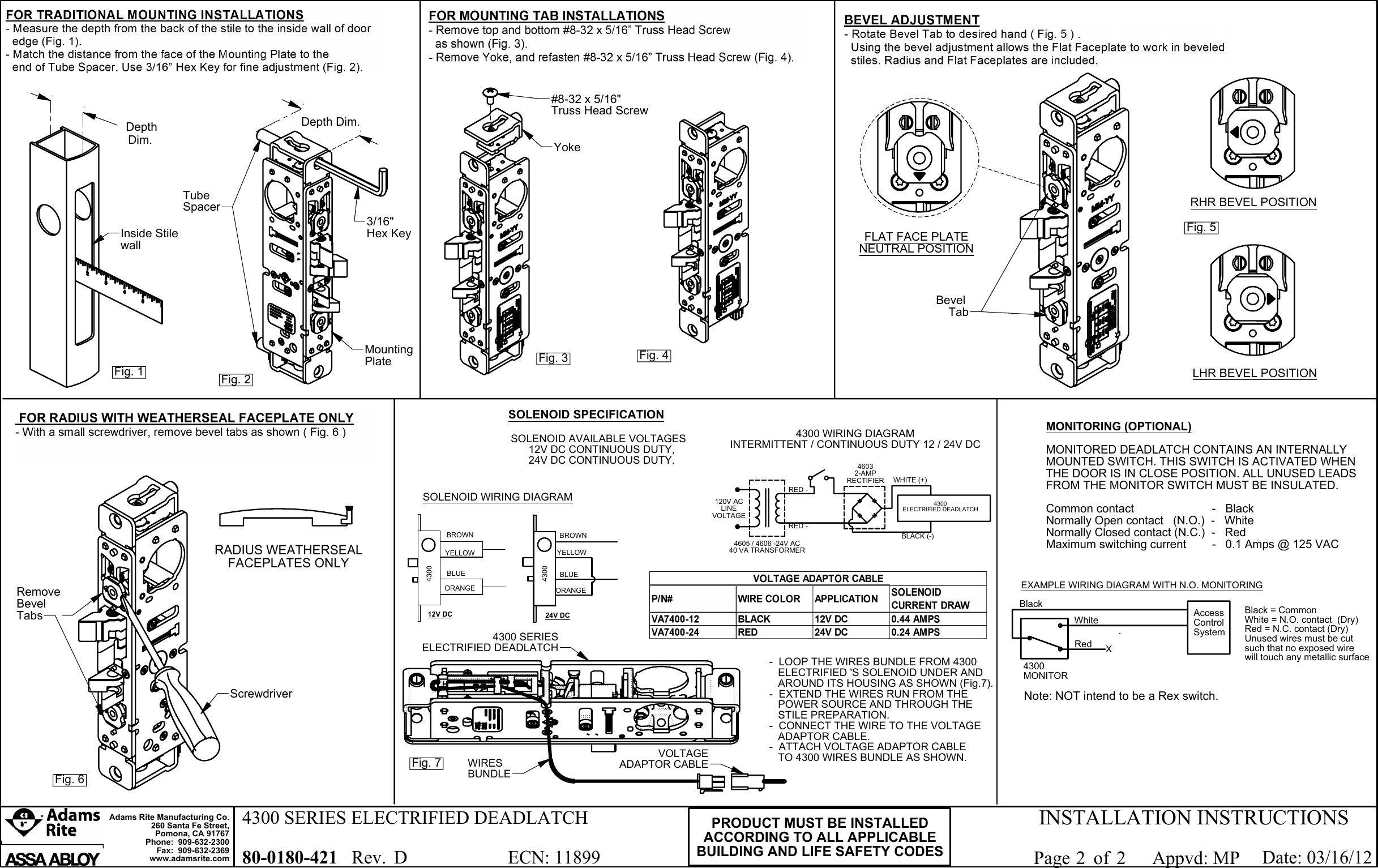 Page 2 of 2 - Adams Rite 80-0180-421_D 4300 Series Electrified Deadlatch Installation Instructions 80-0180-421 D