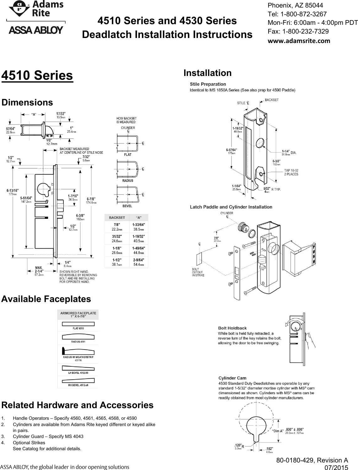Page 1 of 2 - Adams Rite - 80-0180-429_A__071615 4510_4530 Series Deadlatch Installation Instructions (666 K B) 4510 4530 2080-0180-429 A 071615