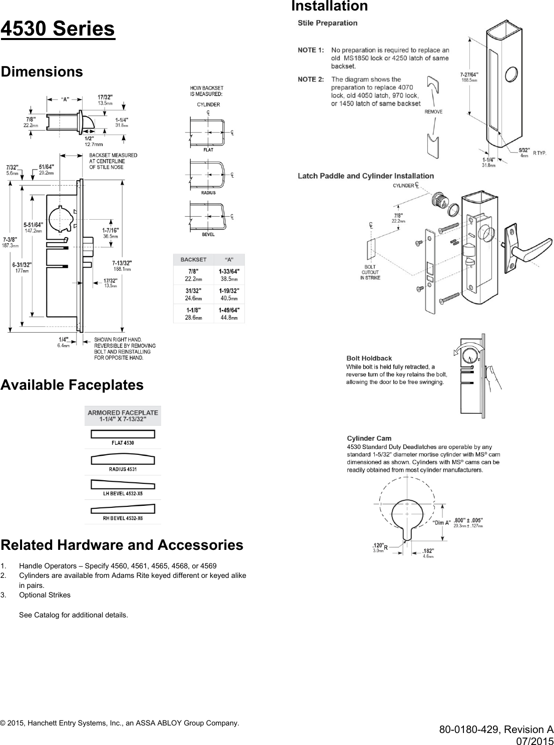 Page 2 of 2 - Adams Rite - 80-0180-429_A__071615 4510_4530 Series Deadlatch Installation Instructions (666 K B) 4510 4530 2080-0180-429 A 071615