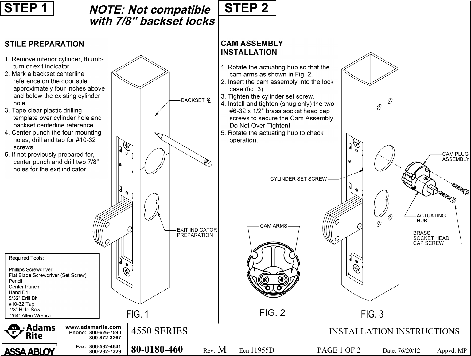 Page 1 of 2 - Adams Rite 80-0180-460_M 4550 MS Deadlock Lever Installation Instructions 80-0180-460 M