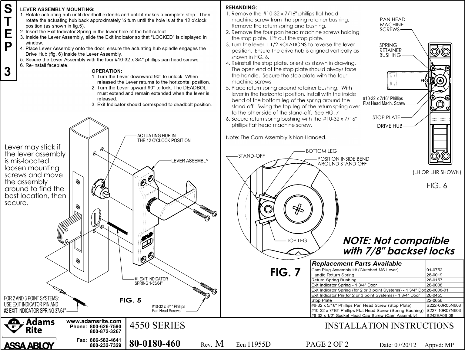 Page 2 of 2 - Adams Rite 80-0180-460_M 4550 MS Deadlock Lever Installation Instructions 80-0180-460 M