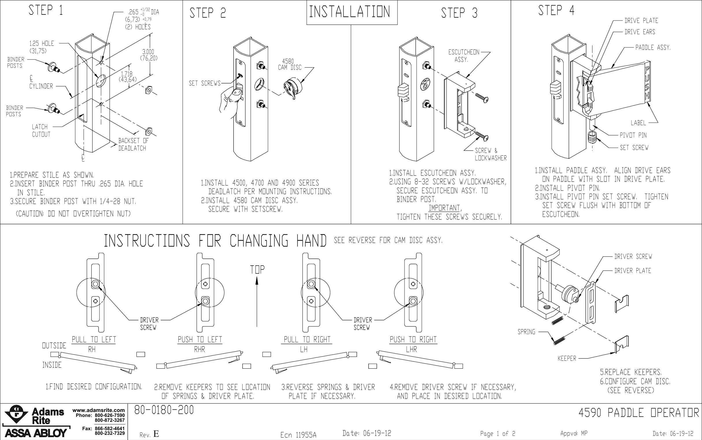 Page 1 of 2 - Adams Rite 80-0180-200_E 4590, 4591 Deadlatch Paddles Installation Instructions 4590 80-0180-200 E