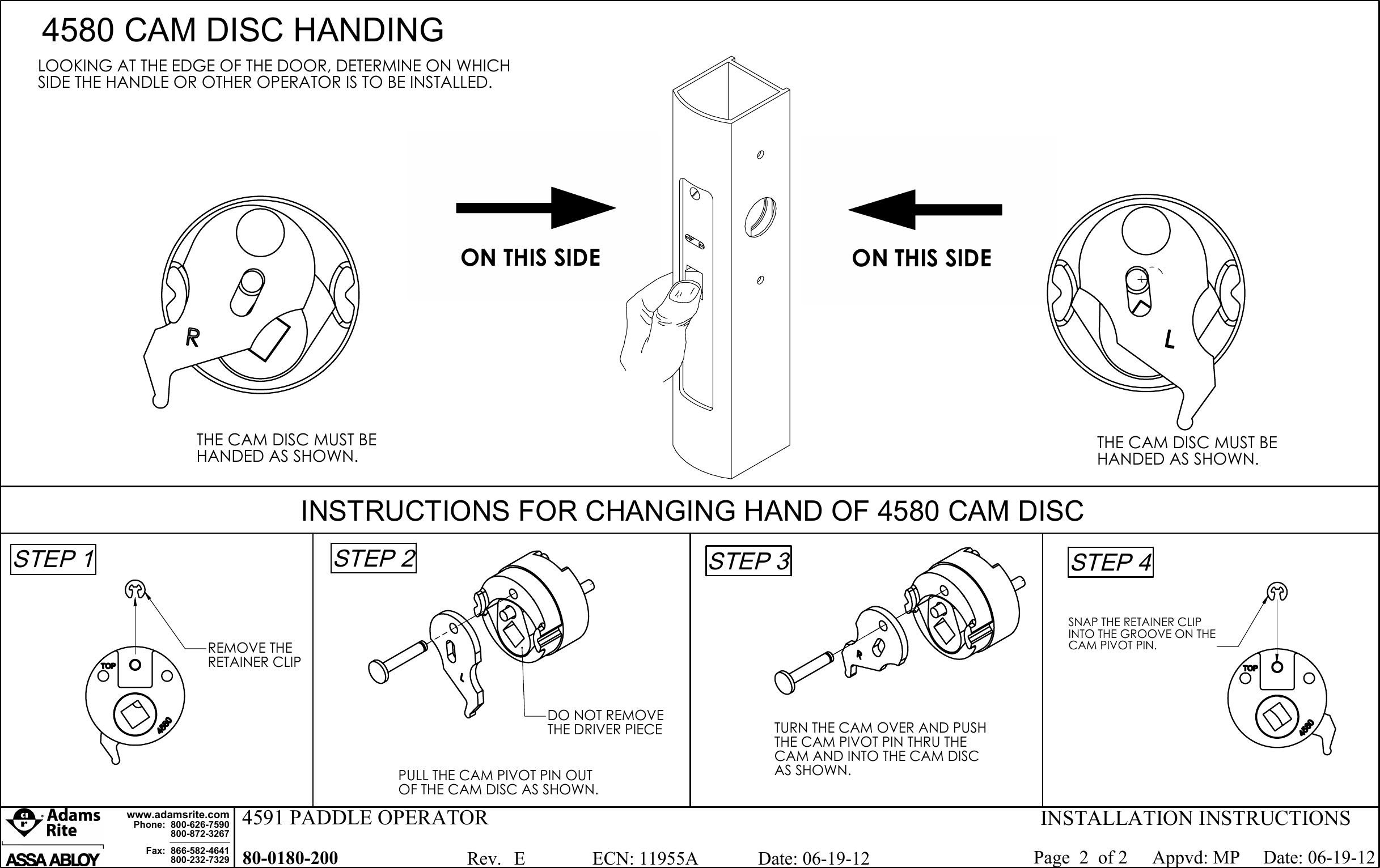 Page 2 of 2 - Adams Rite 80-0180-200_E 4590, 4591 Deadlatch Paddles Installation Instructions 4590 80-0180-200 E