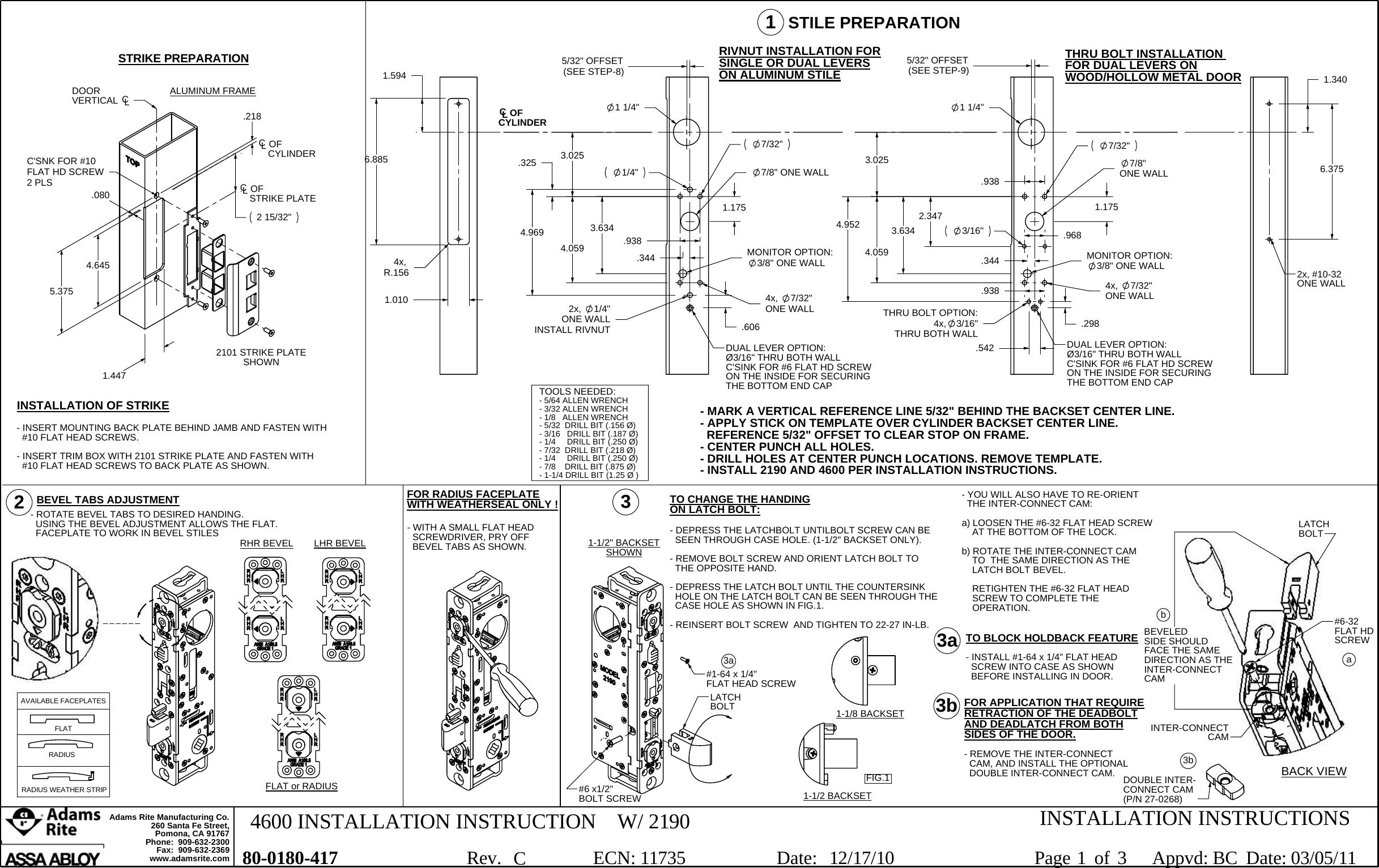 Page 1 of 3 - Adams Rite 80-0180-417 - Sheet1 4600 Deadlatch Handle With 2190 Installation Instructions C