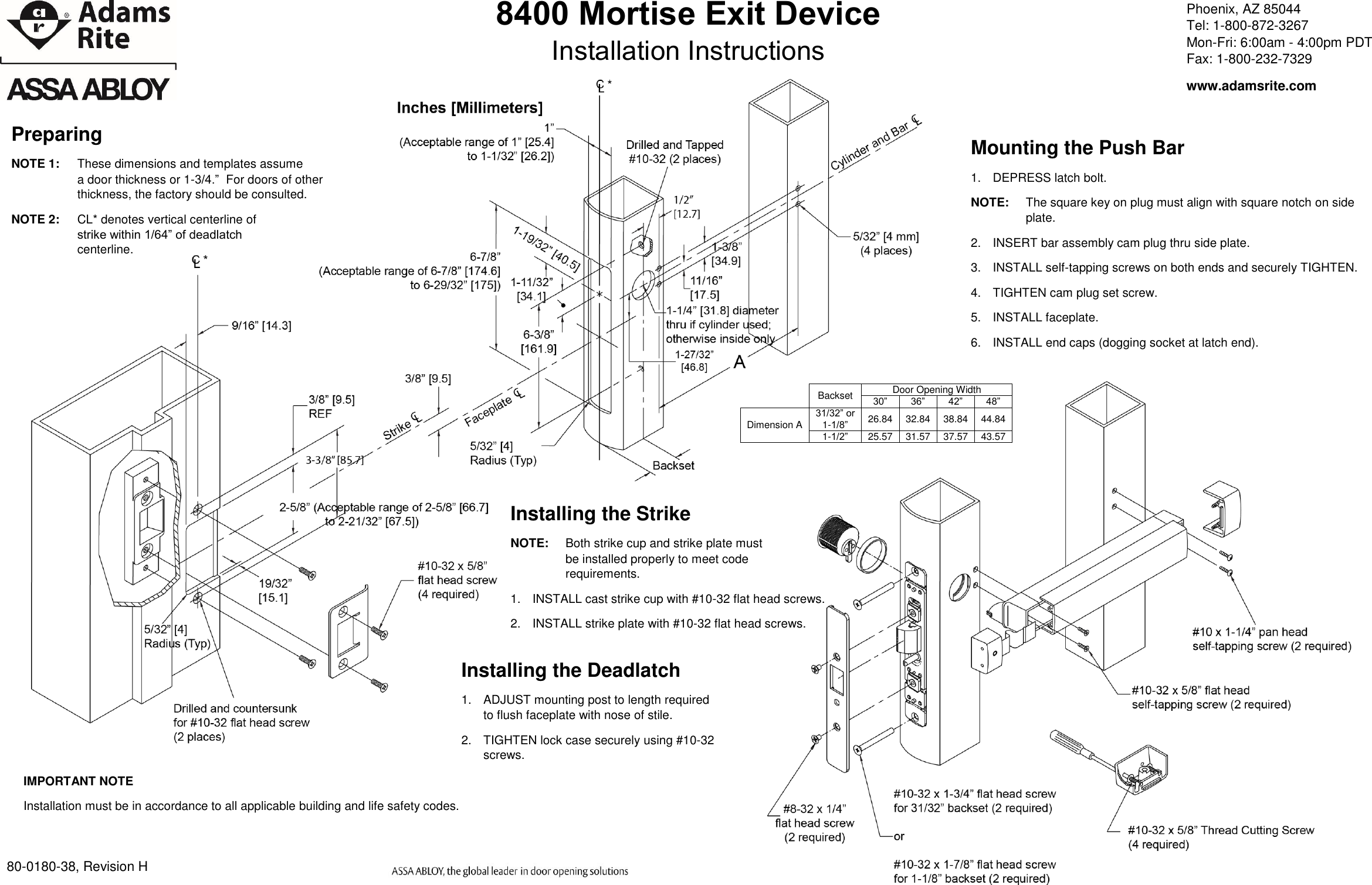 Page 1 of 2 - Adams Rite  8400 Mortise Exit Device Installation Instructions 80-0180-38 H