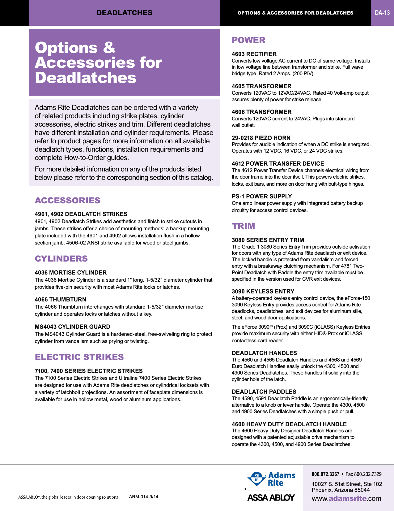 Page 1 of 2 - Adams Rite  Options And Accessories For Deadlatches DA Webr1