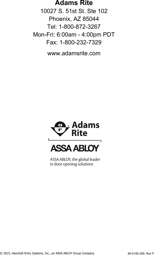 Page 12 of 12 - Adams Rite - 80-0180-258_F 3600/8500/8600 CVR Exit Device Owner's Manual ED3600 8500 8600 80-0180-258 F