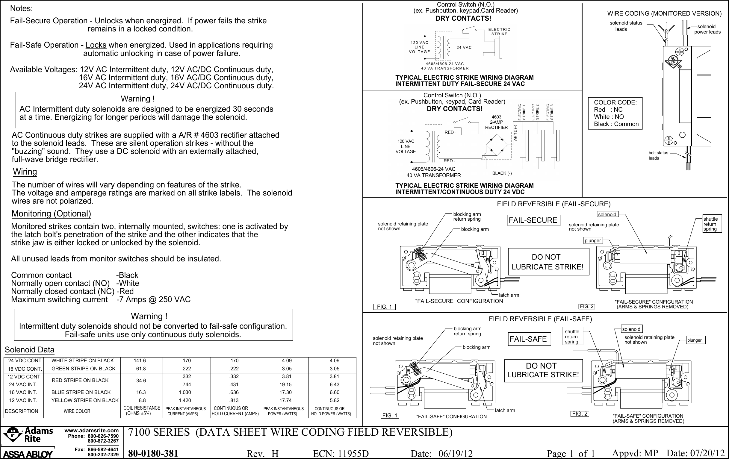 Page 2 of 2 - Adams Rite  7100 Electric Strike For Aluminum Jamb W/Key-In-Knob Latches Installation Instructions ES7100 52100-0 80-0180-370 G 80-0180-381 H