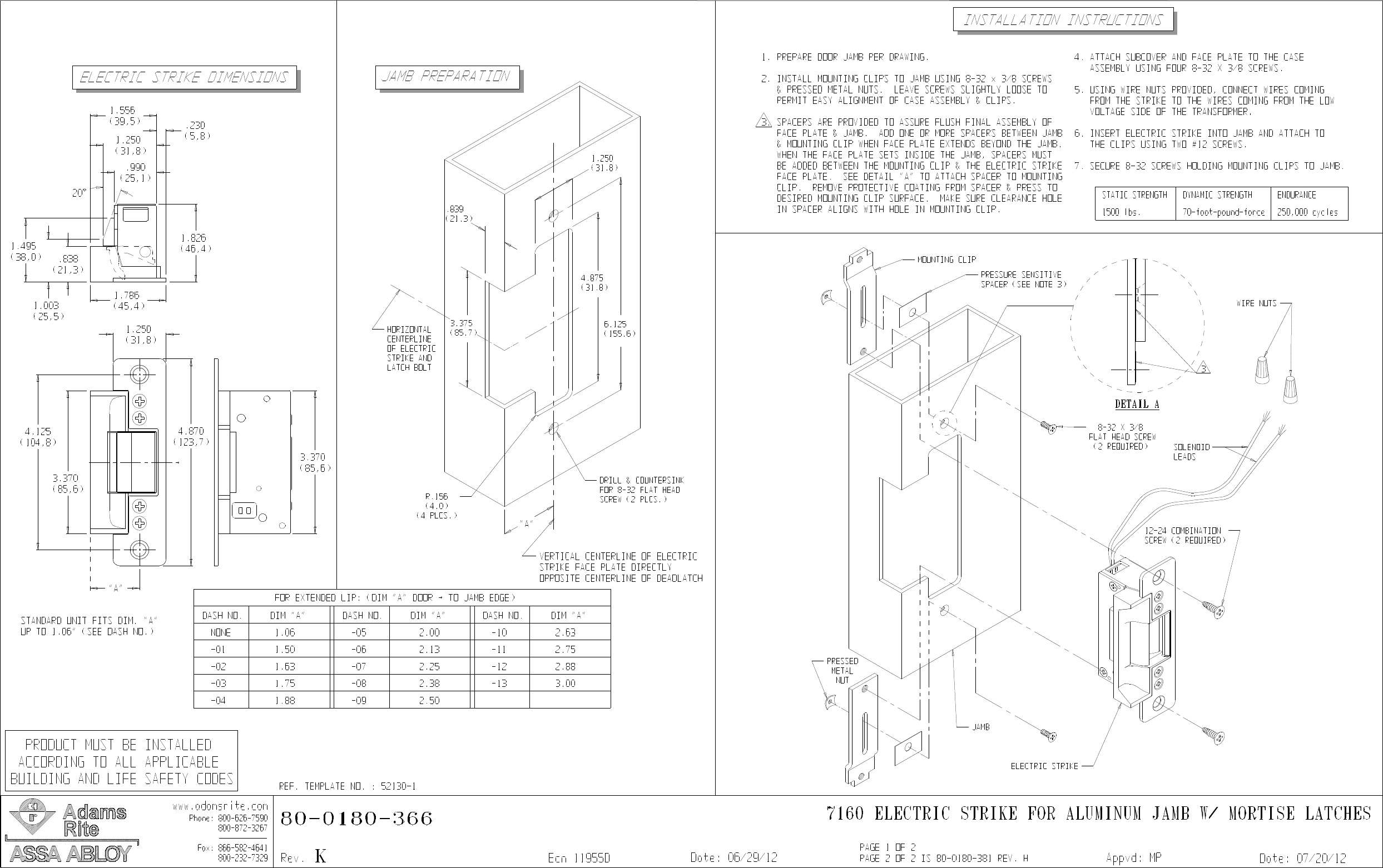 Page 1 of 2 - Adams Rite  7160 Electric Strike For Aluminum Jamb W/Mortise Latches Installation Instructions ES7160 52130-0 80-0180-366 K 80-0180-381 H