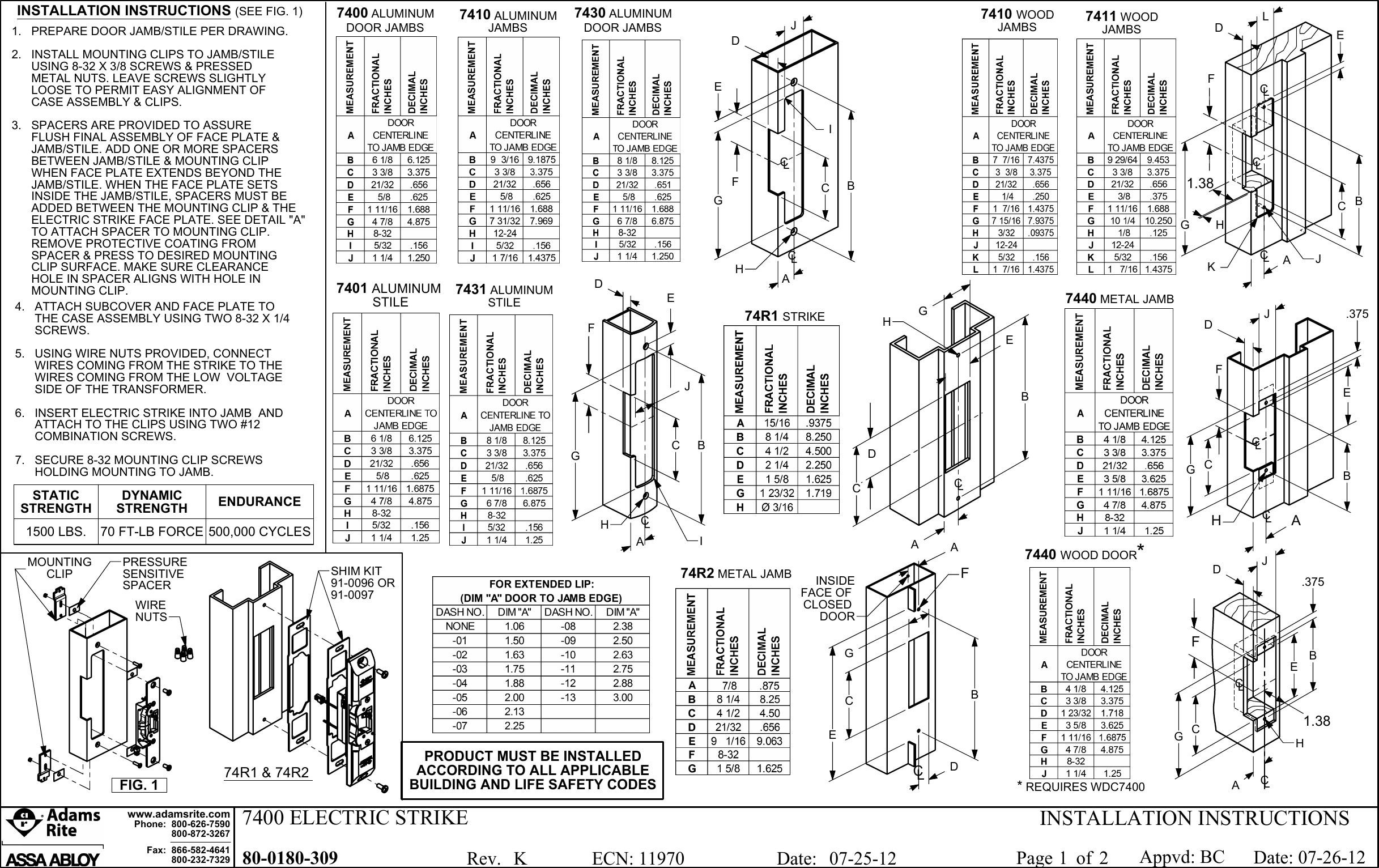 Page 1 of 2 - Adams Rite 80-0180-309_K 7400 Series Electric Strikes Installation Instructions ES7400 80-0180-309 K