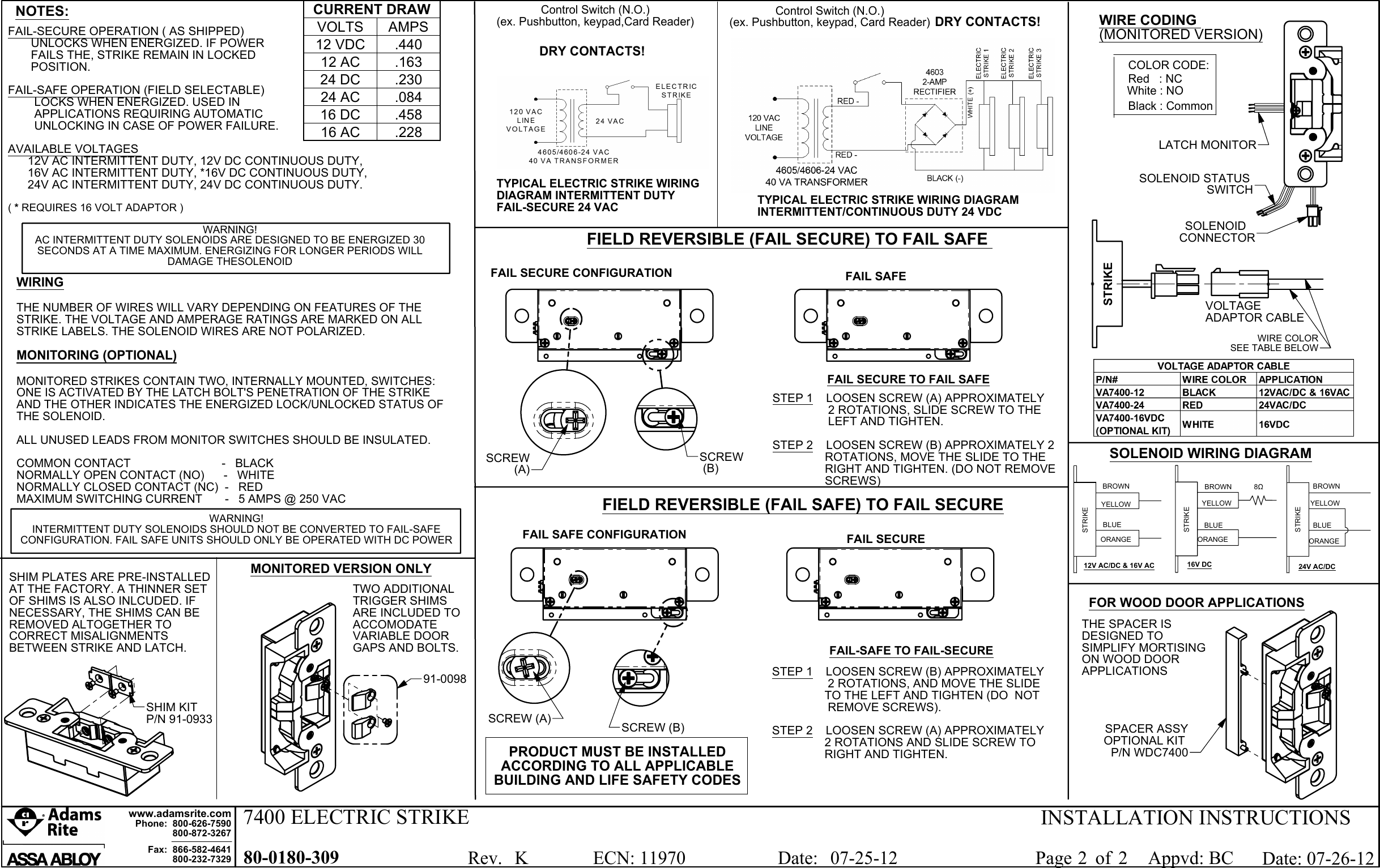 Adams Rite 80 0180 309_K 7400 Series Electric Strikes Installation