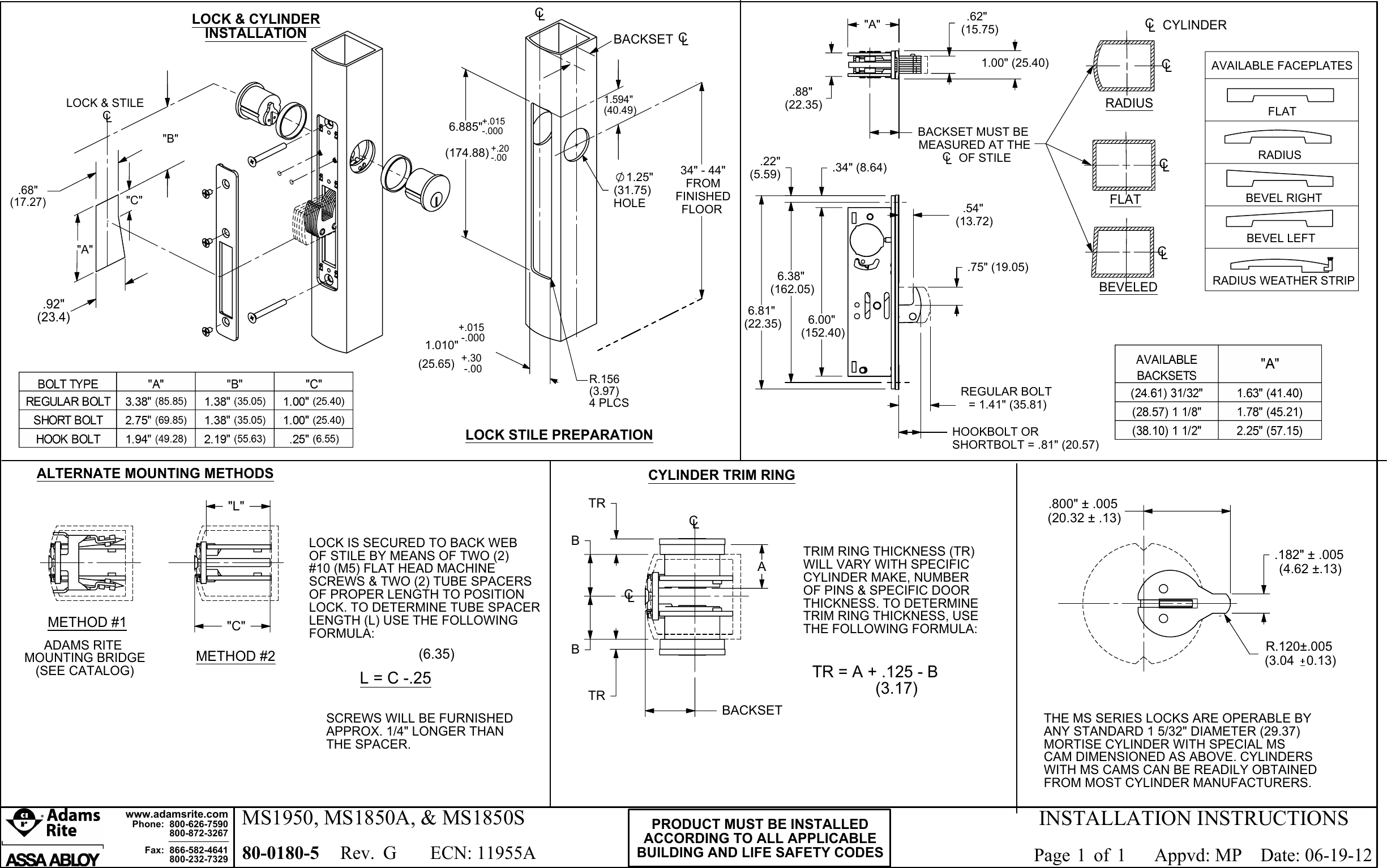 Adams Rite 80 0180 5_G MS1950, MS1850A, MS1850S Deadlocks Installation ...