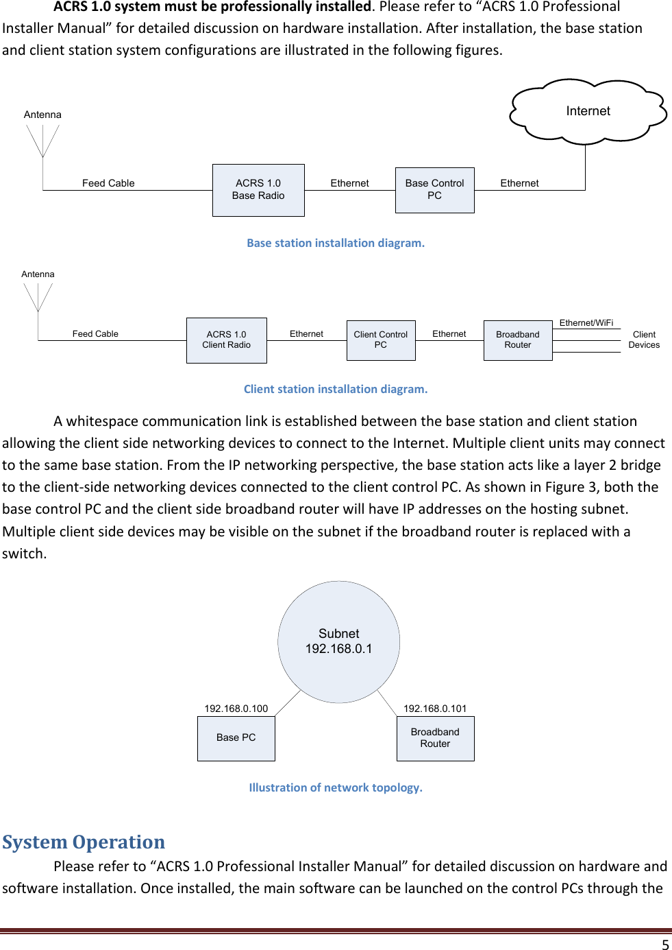    5  ACRS 1.0 system must be professionally installed. Please refer to “ACRS 1.0 Professional Installer Manual” for detailed discussion on hardware installation. After installation, the base station and client station system configurations are illustrated in the following figures. ACRS 1.0Base RadioFeed CableAntennaBase Control PCEthernetInternetEthernet Base station installation diagram. ACRS 1.0Client RadioFeed CableAntennaClient Control PCEthernet Broadband RouterEthernetEthernet/WiFiClient Devices Client station installation diagram.   A whitespace communication link is established between the base station and client station allowing the client side networking devices to connect to the Internet. Multiple client units may connect to the same base station. From the IP networking perspective, the base station acts like a layer 2 bridge to the client-side networking devices connected to the client control PC. As shown in Figure 3, both the base control PC and the client side broadband router will have IP addresses on the hosting subnet. Multiple client side devices may be visible on the subnet if the broadband router is replaced with a switch. Subnet 192.168.0.1Base PC Broadband Router192.168.0.100 192.168.0.101 Illustration of network topology. System Operation  Please refer to “ACRS 1.0 Professional Installer Manual” for detailed discussion on hardware and software installation. Once installed, the main software can be launched on the control PCs through the 