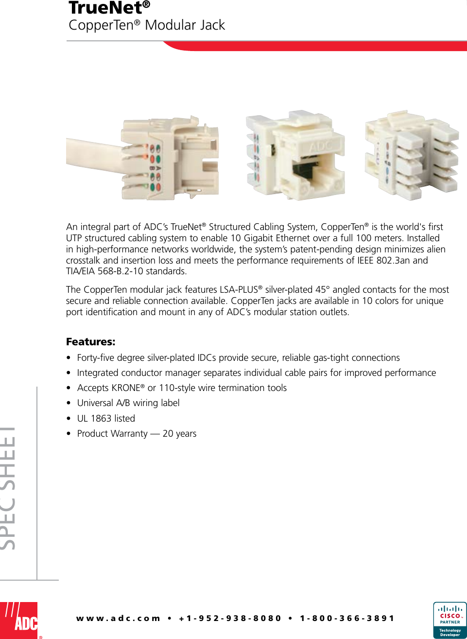 Page 1 of 2 - Adc Adc-Copperten-Modular-Jack-Users-Manual- TrueNet® CopperTen® Modular Jack - 105506AE  Adc-copperten-modular-jack-users-manual