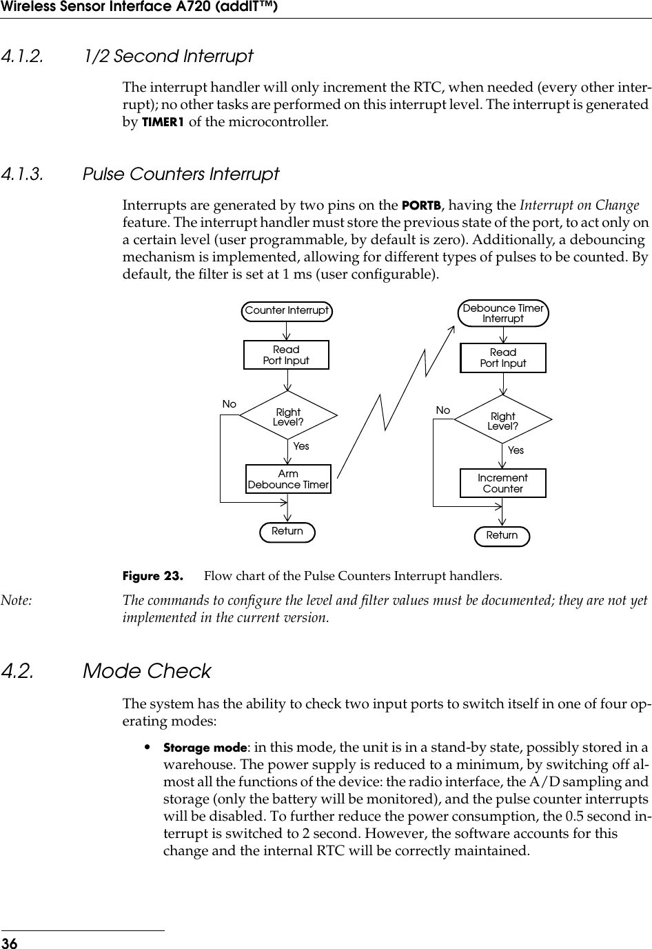 36Wireless Sensor Interface A720 (addIT™)4.1.2. 1/2 Second InterruptThe interrupt handler will only increment the RTC, when needed (every other inter-rupt); no other tasks are performed on this interrupt level. The interrupt is generated by TIMER1 of the microcontroller.4.1.3. Pulse Counters InterruptInterrupts are generated by two pins on the PORTB, having the Interrupt on Change feature. The interrupt handler must store the previous state of the port, to act only on a certain level (user programmable, by default is zero). Additionally, a debouncing mechanism is implemented, allowing for different types of pulses to be counted. By default, the ﬁlter is set at 1 ms (user conﬁgurable).Figure 23. Flow chart of the Pulse Counters Interrupt handlers.Note: The commands to conﬁgure the level and ﬁlter values must be documented; they are not yet implemented in the current version.4.2. Mode CheckThe system has the ability to check two input ports to switch itself in one of four op-erating modes:•Storage mode: in this mode, the unit is in a stand-by state, possibly stored in a warehouse. The power supply is reduced to a minimum, by switching off al-most all the functions of the device: the radio interface, the A/D sampling and storage (only the battery will be monitored), and the pulse counter interrupts will be disabled. To further reduce the power consumption, the 0.5 second in-terrupt is switched to 2 second. However, the software accounts for this change and the internal RTC will be correctly maintained.Counter InterruptReturnReadPort InputRightLevel?YesArmDebounce TimerNoDebounce TimerInterruptReadPort InputReturnRightLevel?YesIncrementCounterNo
