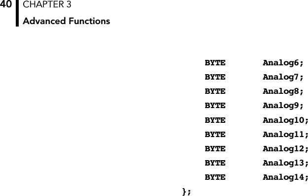 CHAPTER 3Advanced Functions40BYTE Analog6;BYTE Analog7;BYTE Analog8;BYTE Analog9;BYTE Analog10;BYTE Analog11;BYTE Analog12;BYTE Analog13;BYTE Analog14;};