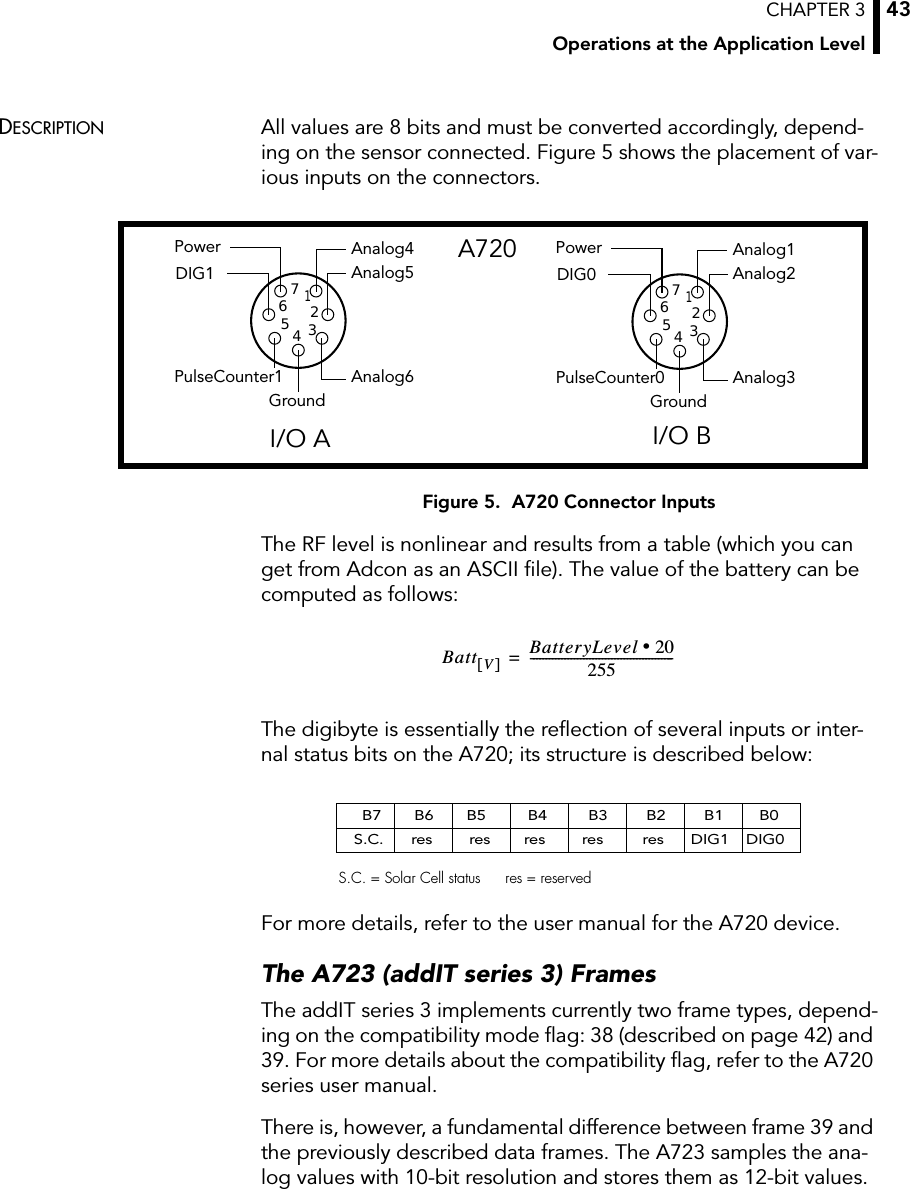 CHAPTER 3Operations at the Application Level43DESCRIPTION All values are 8 bits and must be converted accordingly, depend-ing on the sensor connected. Figure 5 shows the placement of var-ious inputs on the connectors.Figure 5.  A720 Connector InputsThe RF level is nonlinear and results from a table (which you can get from Adcon as an ASCII ﬁle). The value of the battery can be computed as follows:The digibyte is essentially the reﬂection of several inputs or inter-nal status bits on the A720; its structure is described below:For more details, refer to the user manual for the A720 device.The A723 (addIT series 3) FramesThe addIT series 3 implements currently two frame types, depend-ing on the compatibility mode ﬂag: 38 (described on page 42) and 39. For more details about the compatibility ﬂag, refer to the A720 series user manual.There is, however, a fundamental difference between frame 39 and the previously described data frames. The A723 samples the ana-log values with 10-bit resolution and stores them as 12-bit values. Analog1Analog2Analog3GroundPowerDIG0PulseCounter01234567Analog4Analog5Analog6GroundPowerDIG1PulseCounter11234567I/O A I/O BA720Batt V[]BatteryLevel 20•255----------------------------------------------=B7 B6 B5 B4 B3 B2 B1 B0S.C. res res res res res DIG1 DIG0S.C. = Solar Cell status res = reserved