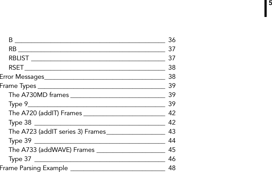 5B ______________________________________________ 36RB _____________________________________________ 37RBLIST _________________________________________ 37RSET ___________________________________________ 38Error Messages_____________________________________ 38Frame Types _______________________________________ 39The A730MD frames _____________________________ 39Type 9__________________________________________ 39The A720 (addIT) Frames _________________________ 42Type 38 ________________________________________ 42The A723 (addIT series 3) Frames__________________ 43Type 39 ________________________________________ 44The A733 (addWAVE) Frames _____________________ 45Type 37 ________________________________________ 46Frame Parsing Example _____________________________ 48