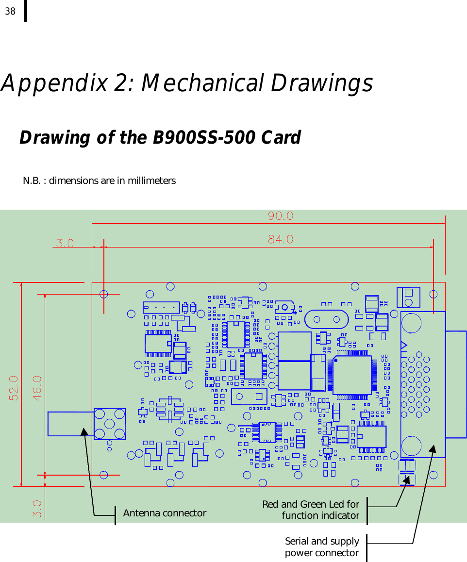  38  Appendix 2: Mechanical Drawings  Drawing of the B900SS-500 Card   N.B. : dimensions are in millimeters        Serial and supply power connectorAntenna connector Red and Green Led for function indicator